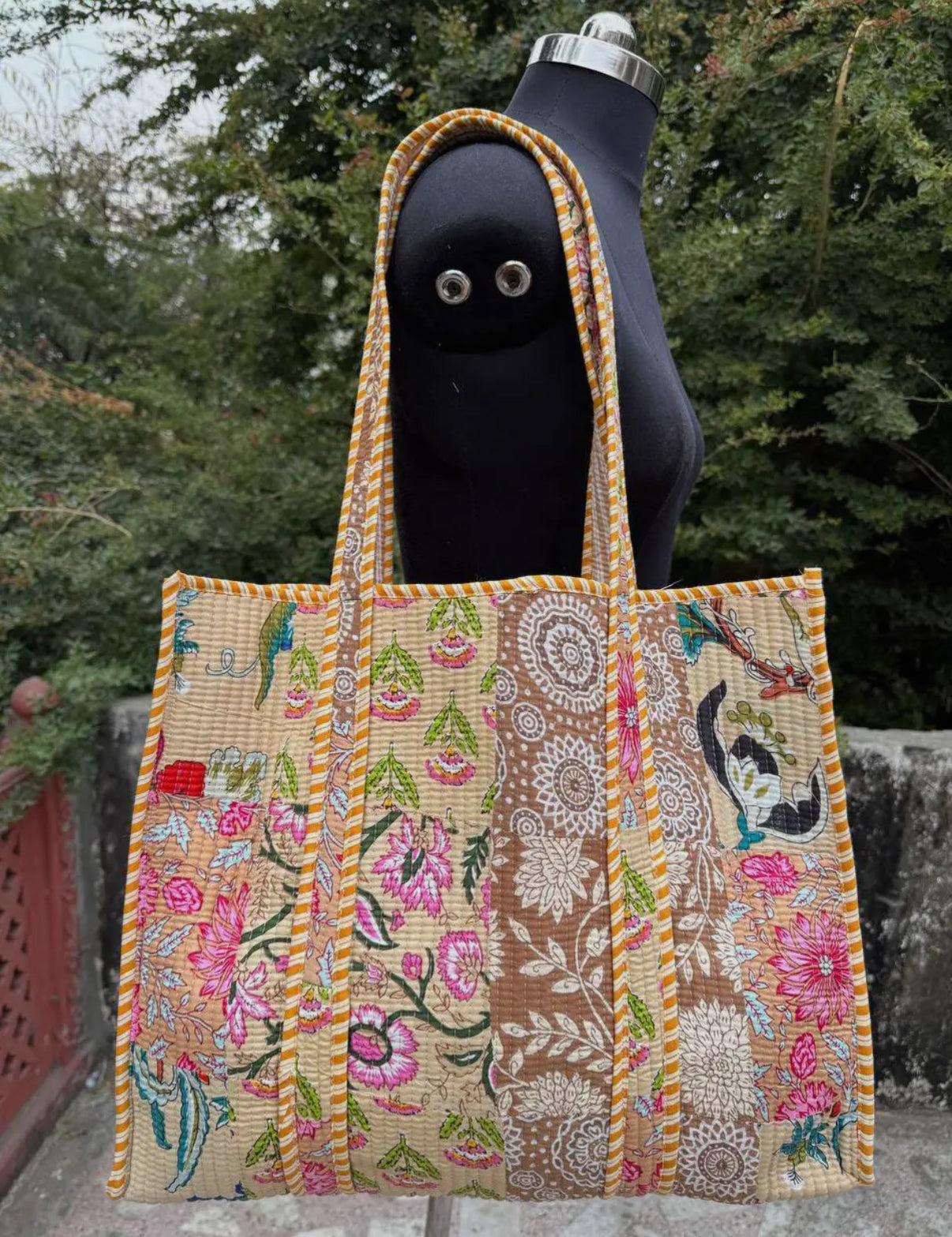 Beige Boho Floral Quilted Bag