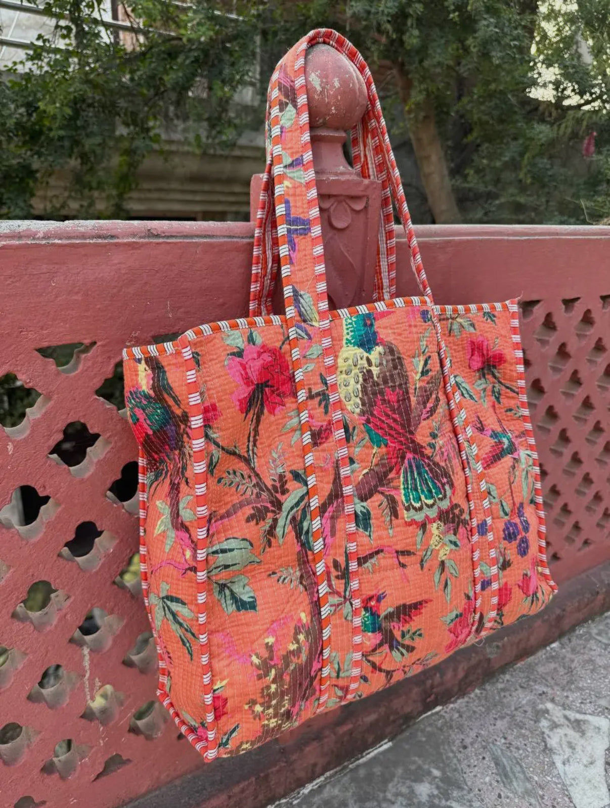 Salmon Bird Floral Quilted Bag