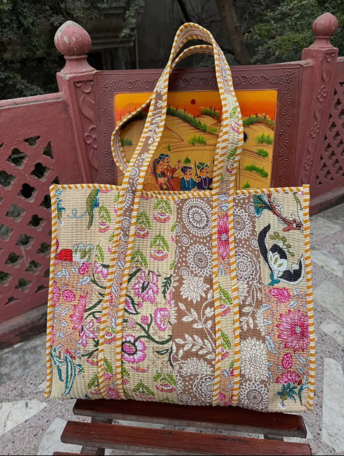 Beige Boho Floral Quilted Bag
