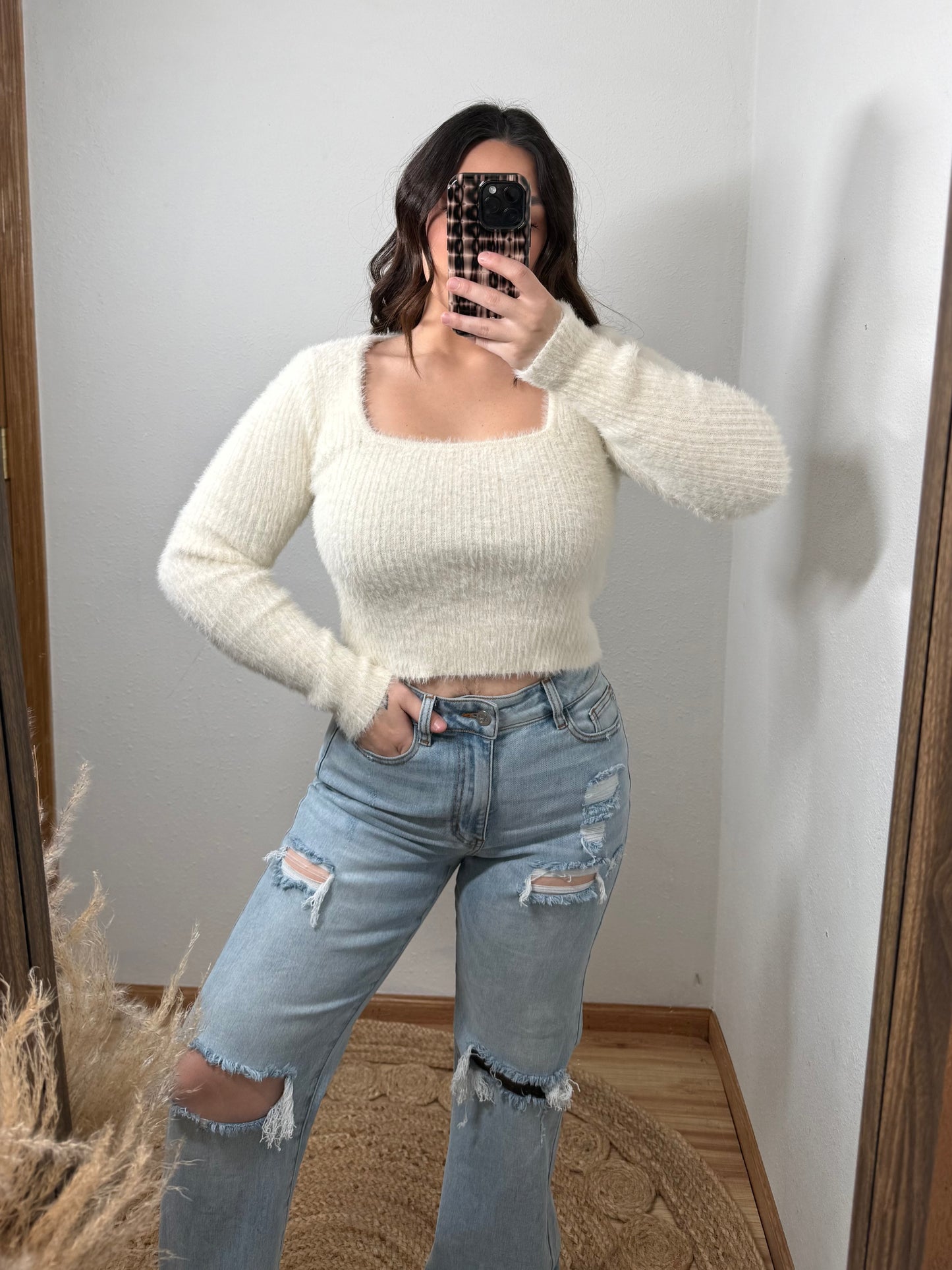 NEW White Fuzzy Eyelash Sweater (S)