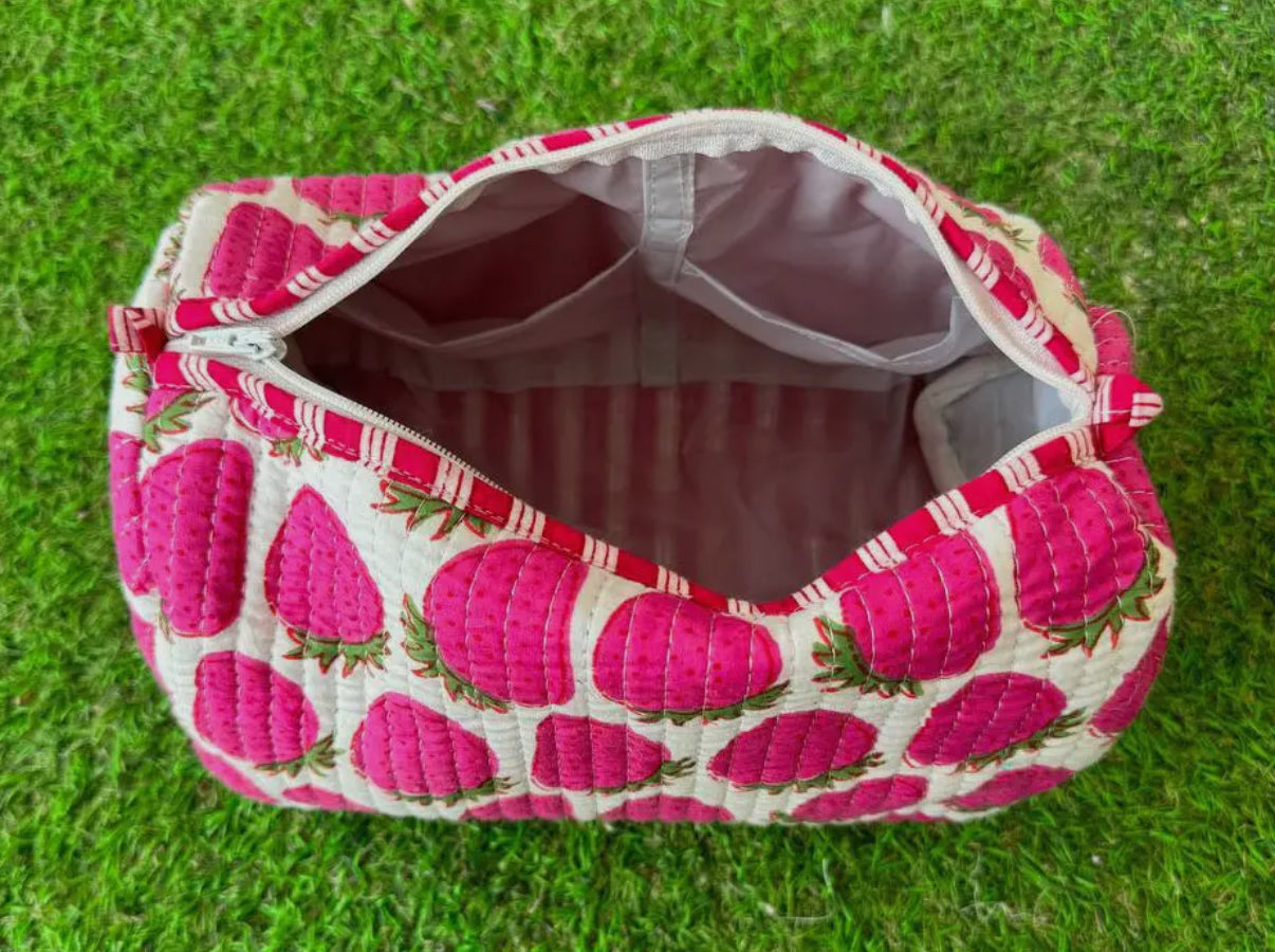 3pc Strawberry Quilted Cosmetic Bags