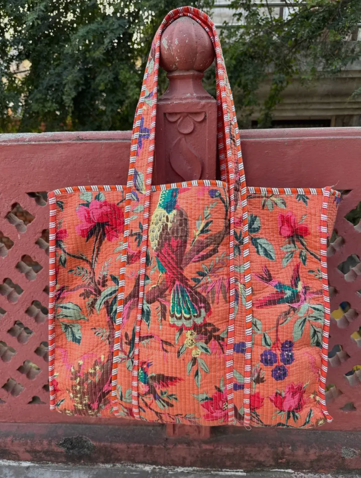 Salmon Bird Floral Quilted Bag