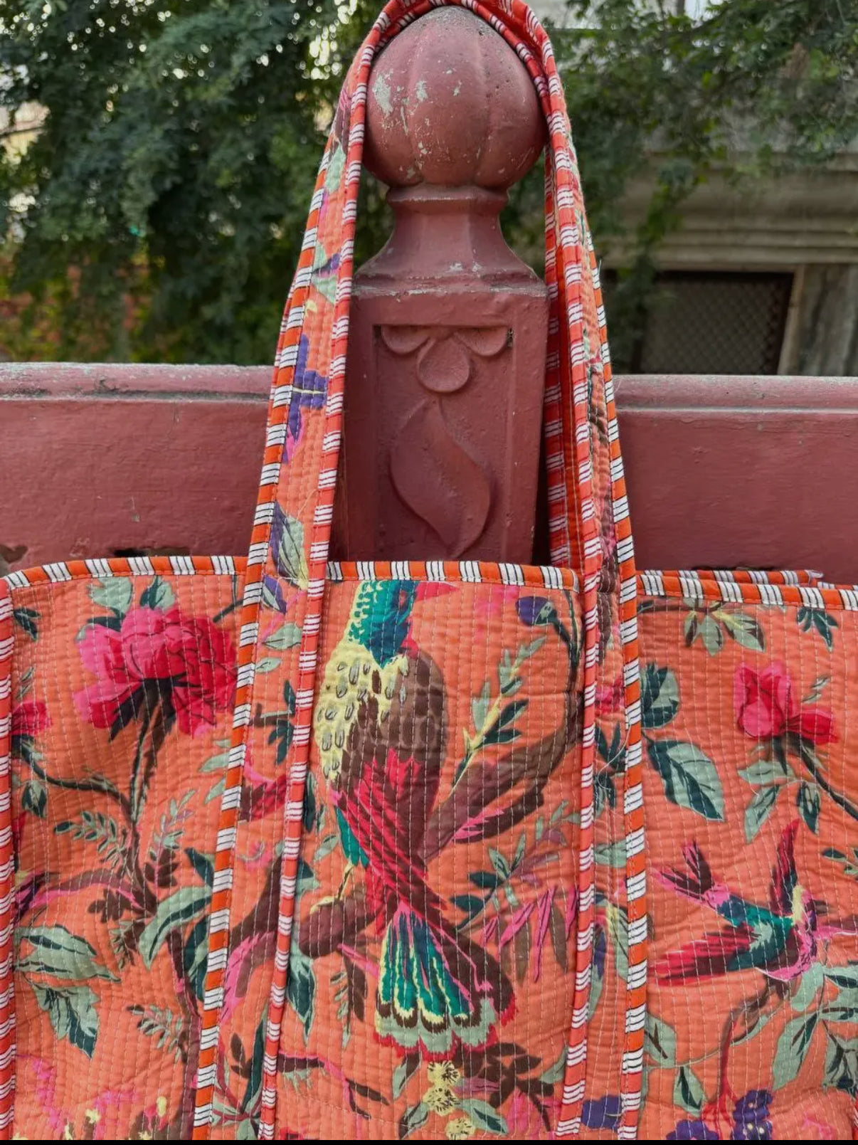 Salmon Bird Floral Quilted Bag