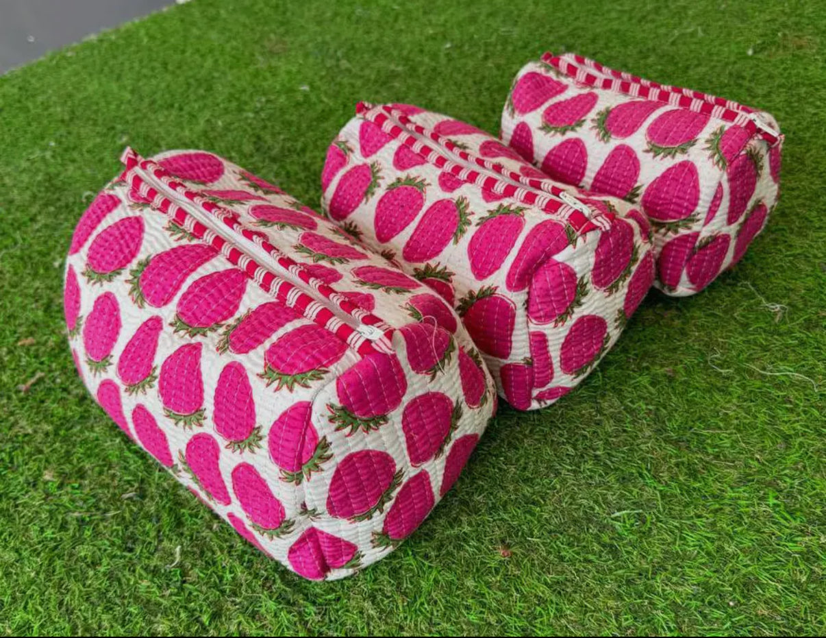 3pc Strawberry Quilted Cosmetic Bags