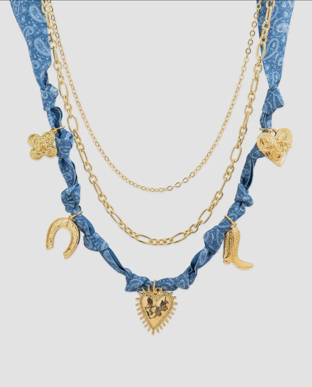 Denim Bandana Layered Charm Necklace : Gold