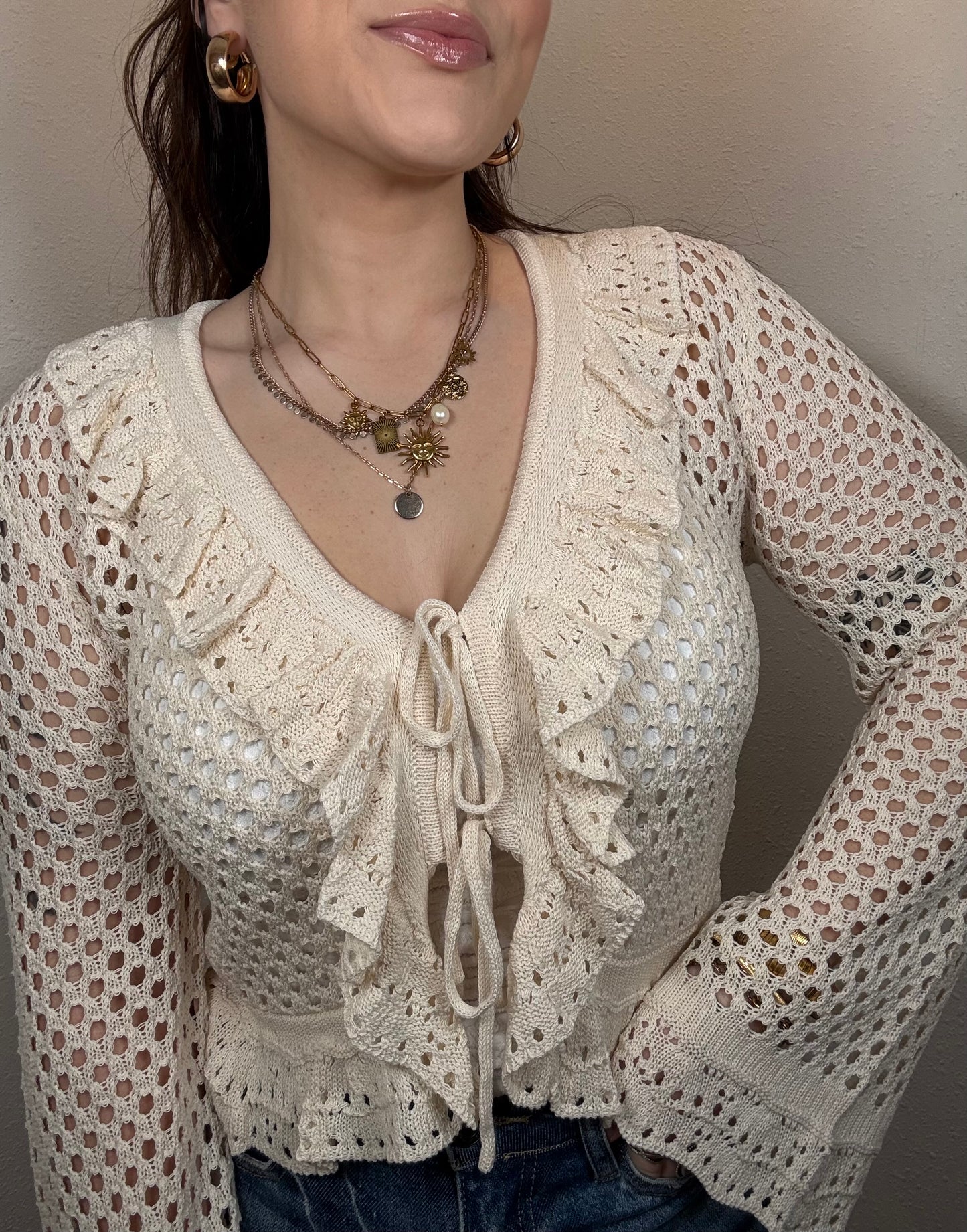 Everly Crochet Ruffle Tie Front Top