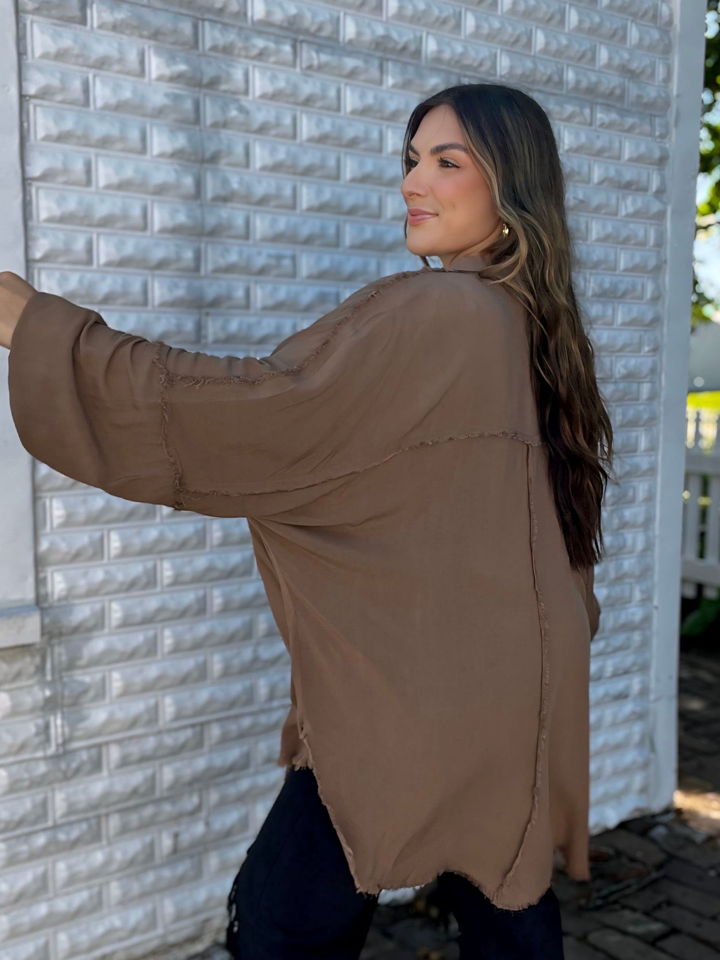 Mocha Frayed Edge Button Up