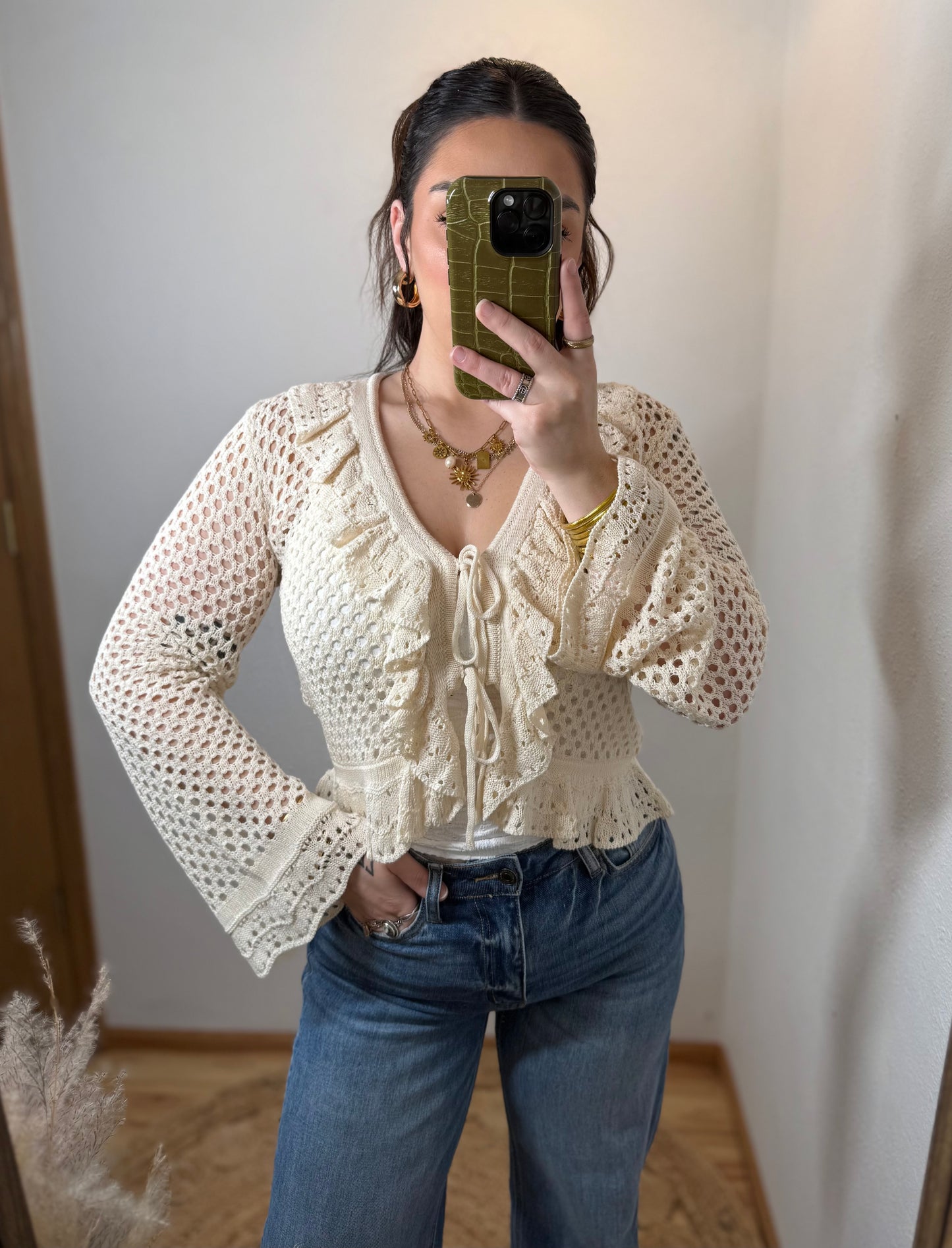 Everly Crochet Ruffle Tie Front Top