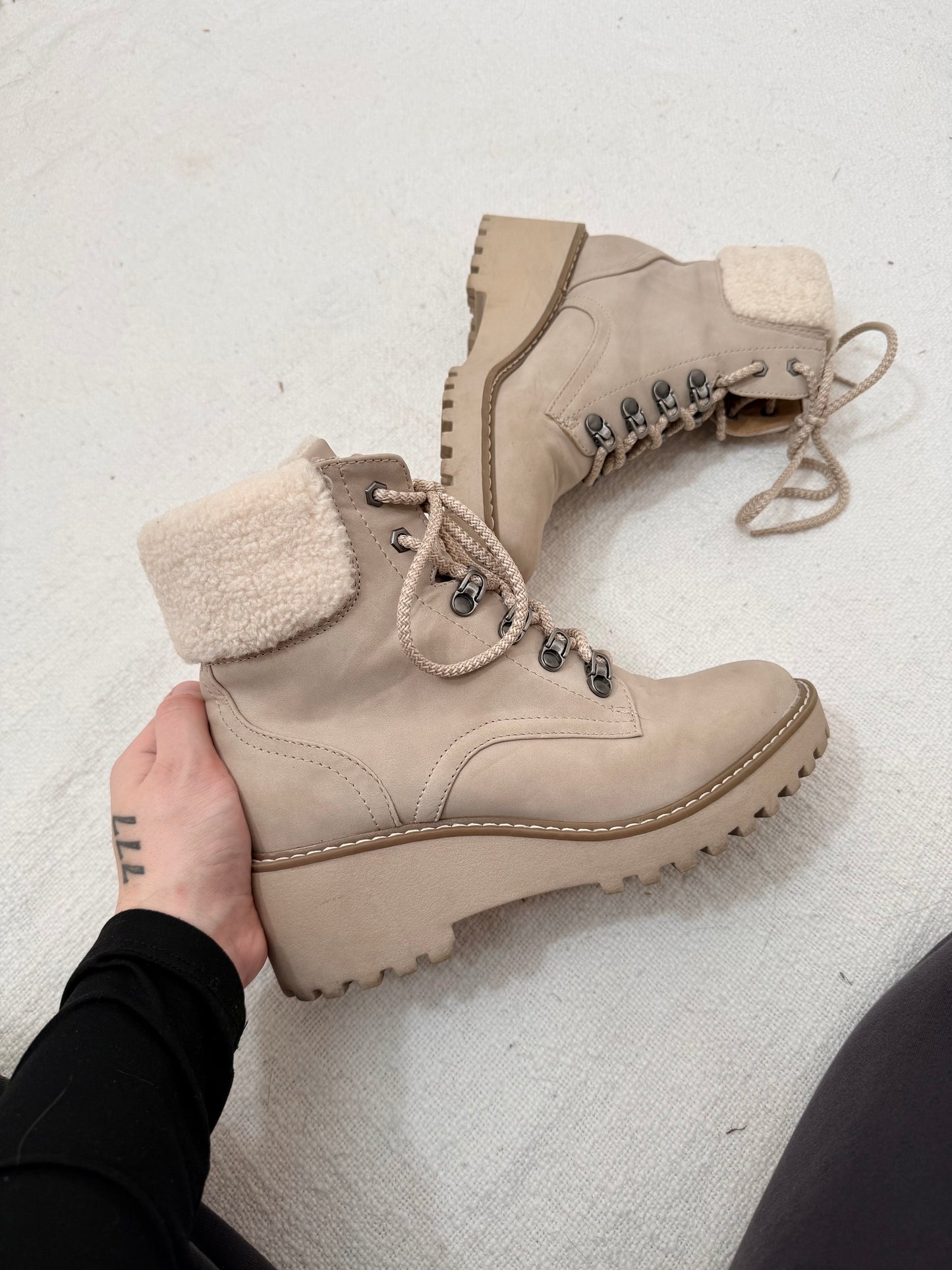 Taupe Sherpa Wedge Booties - 7