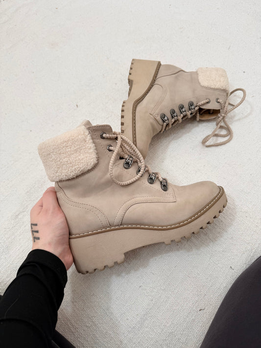 Taupe Sherpa Wedge Booties - 7