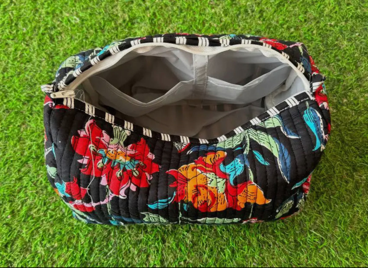 3pc Black Floral Quilted Cosmetic Bags