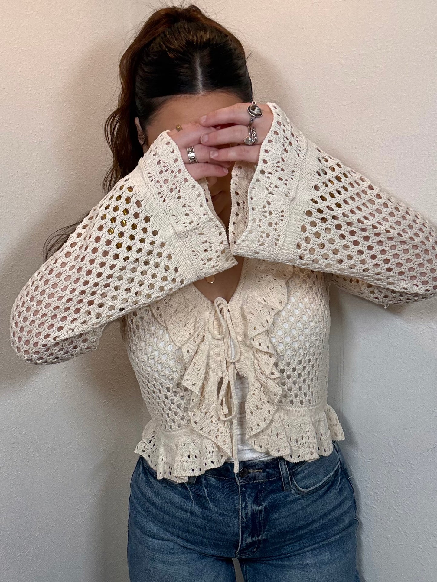 Everly Crochet Ruffle Tie Front Top