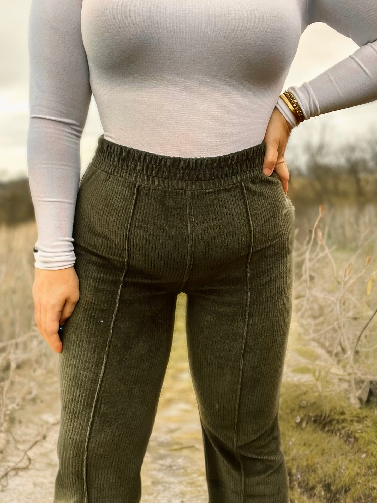 Olive Corduroy Flare Pants