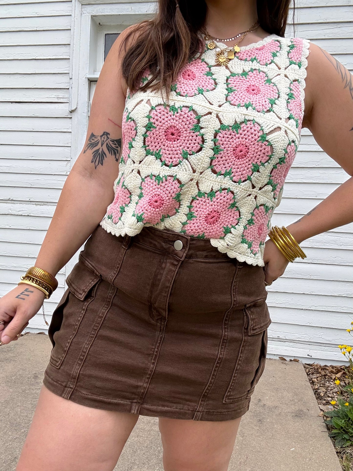 Stretchy Brown Denim Cargo Skirt