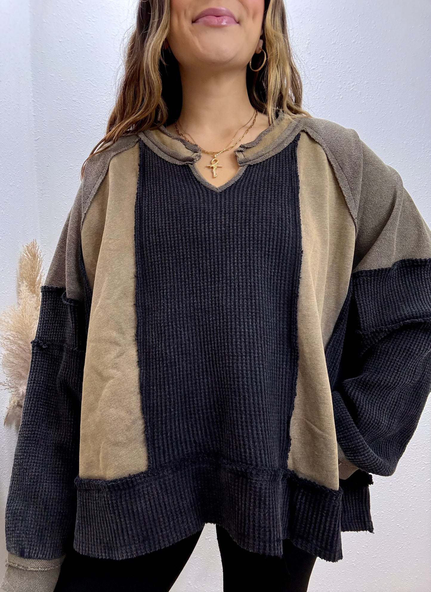 Olive Colorblock Waffle-Knit Top