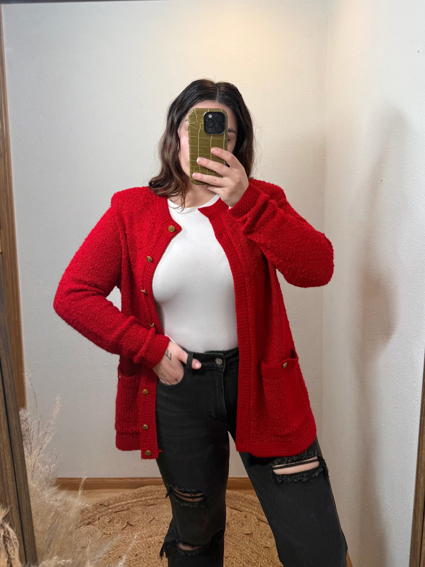 Gold Button Vintage Red Knit Cardigan (Medium)