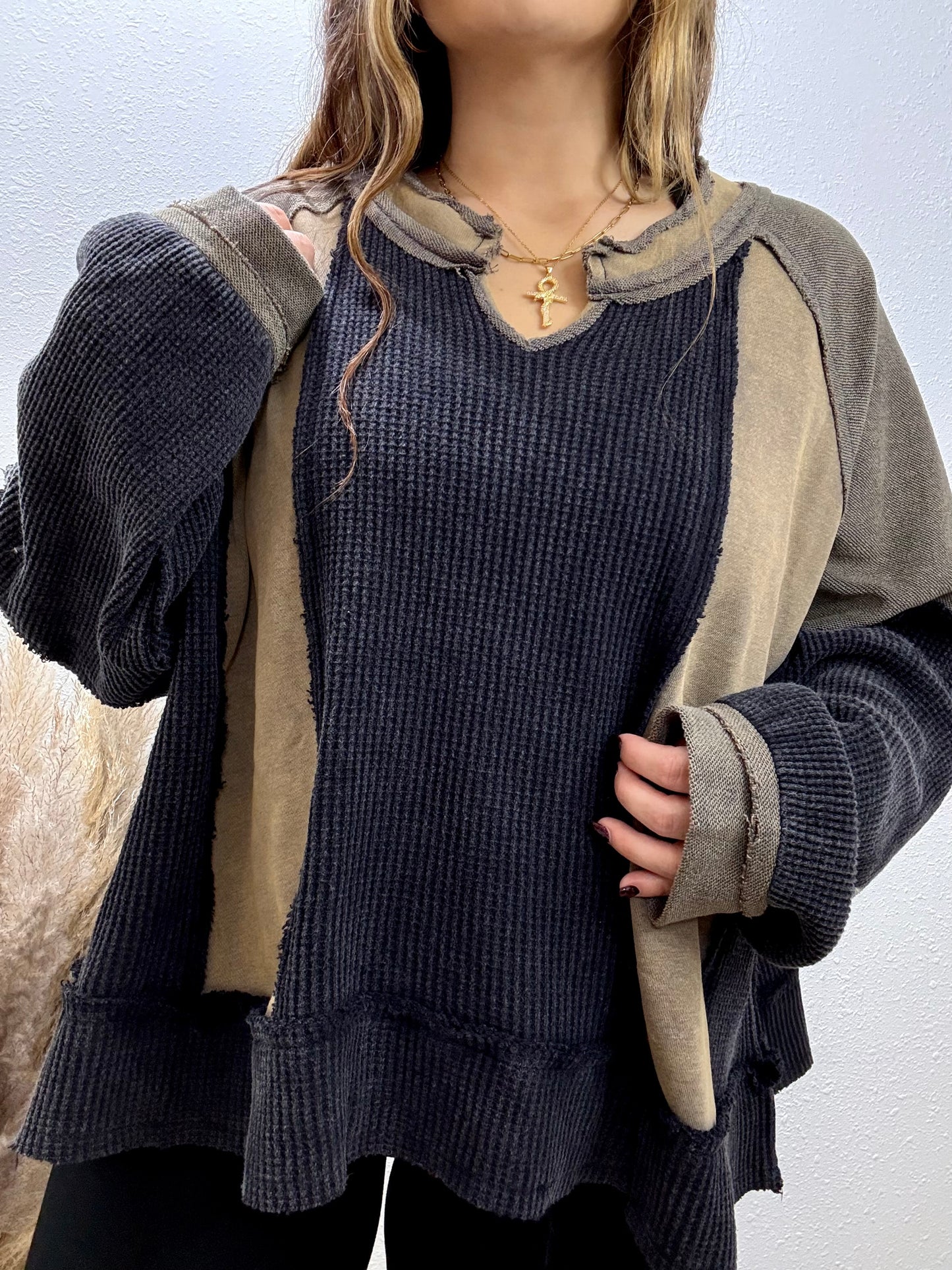 Olive Colorblock Waffle-Knit Top