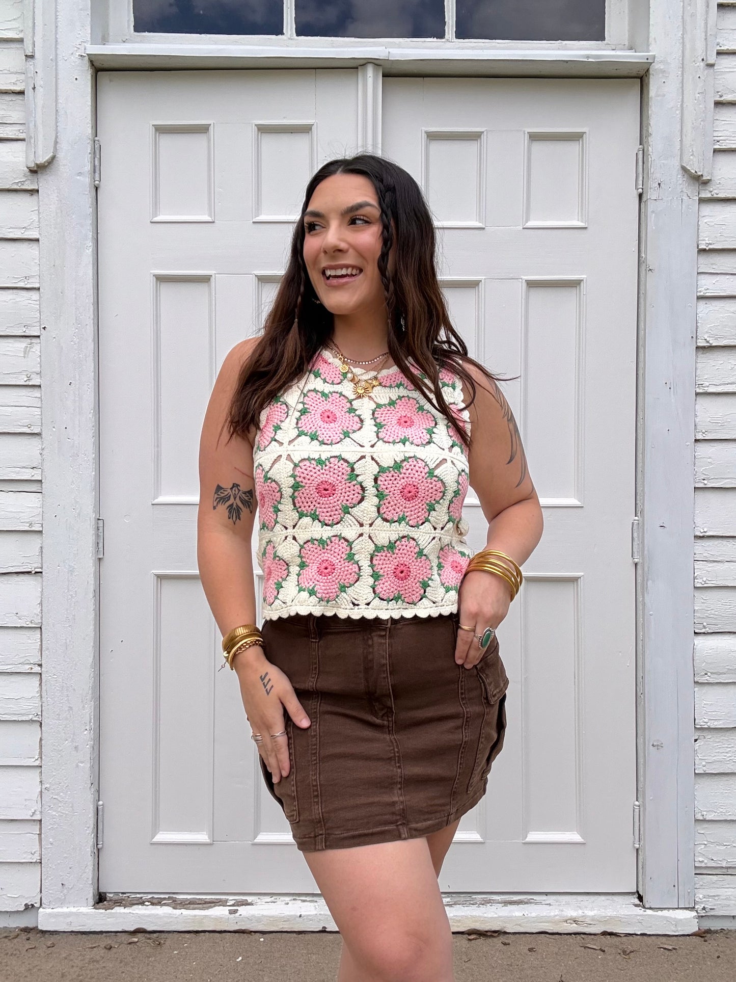 Stretchy Brown Denim Cargo Skirt