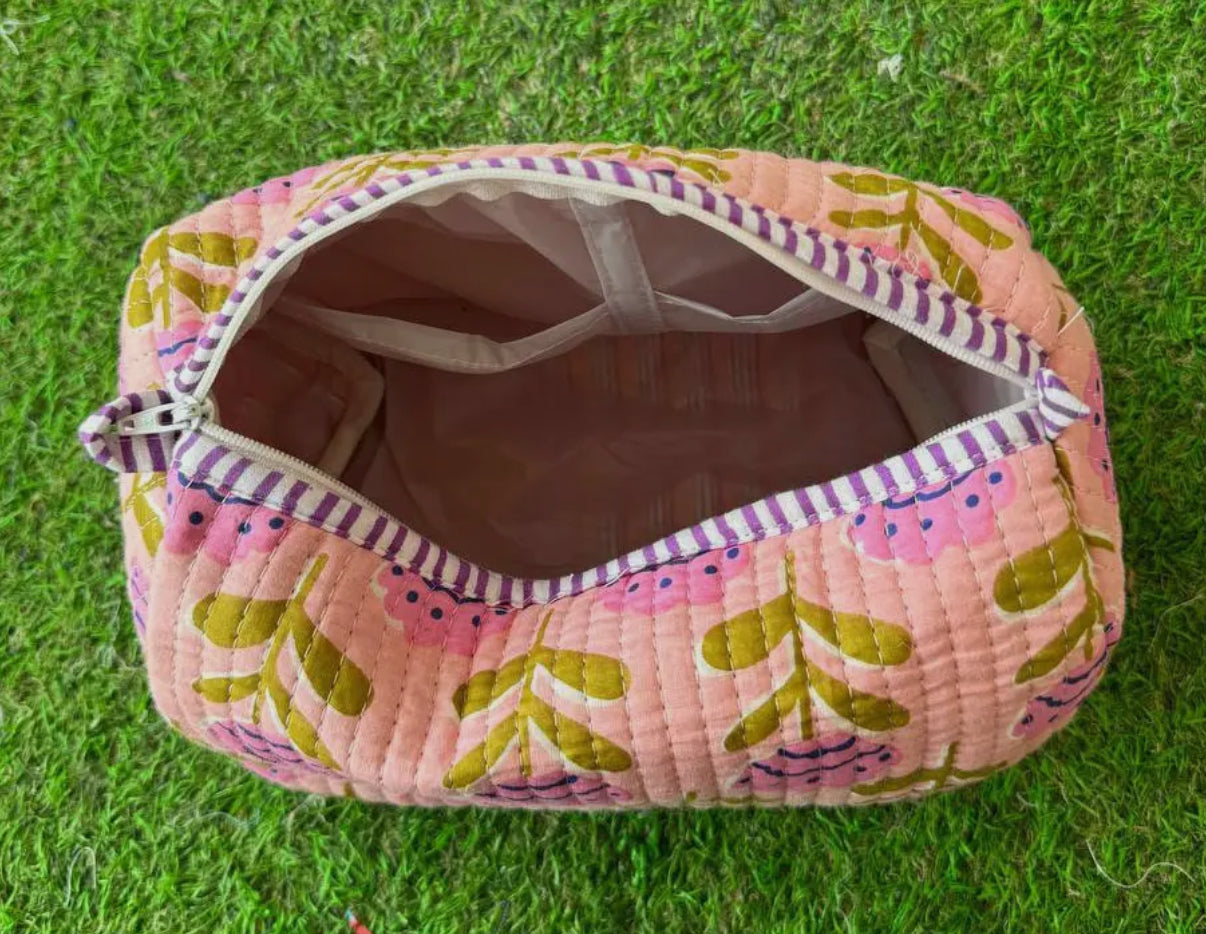 3pc Pink Flowers Quilted Cosmetic Bags