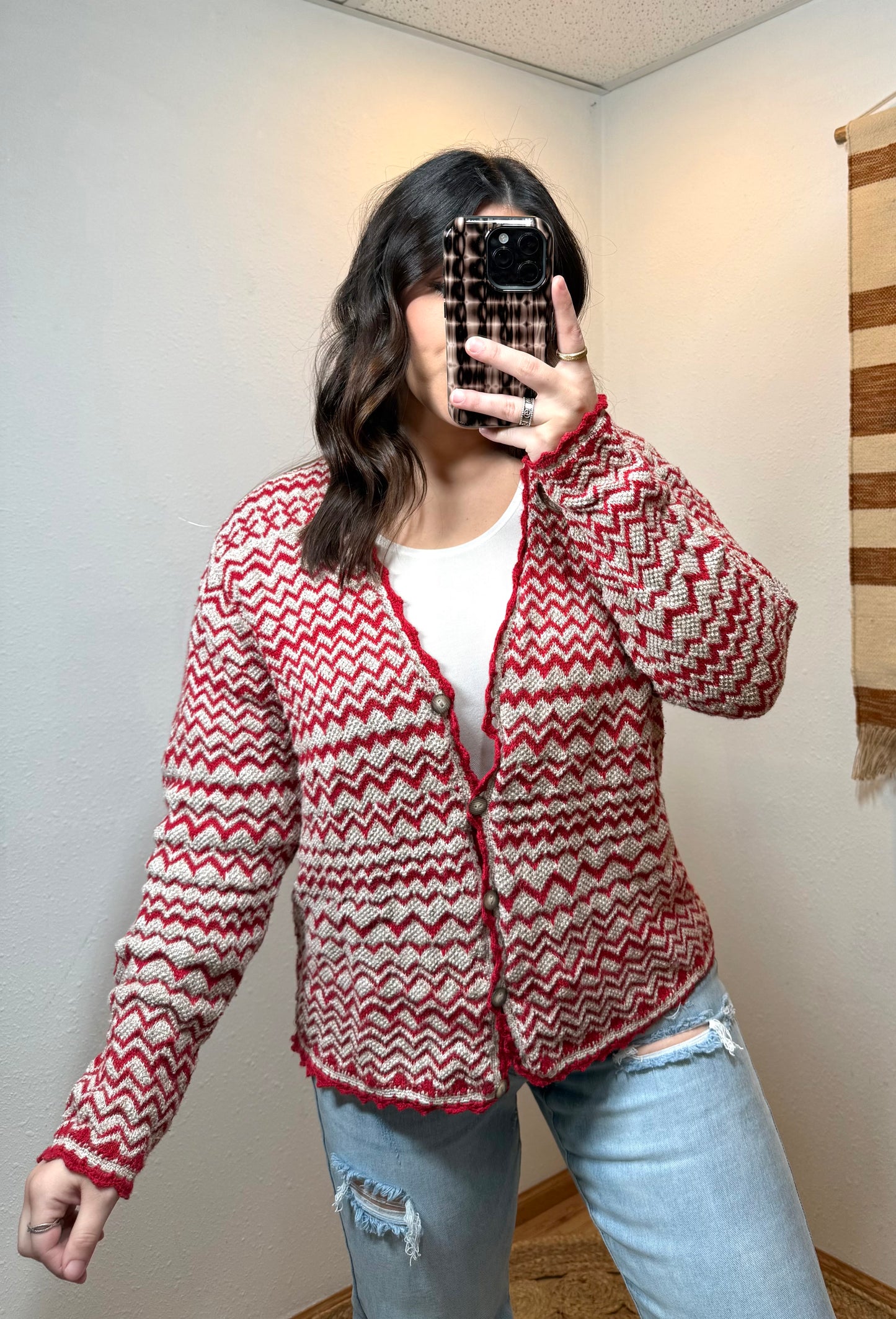 Vintage 90’s Red ZigZag Cardigan - Small