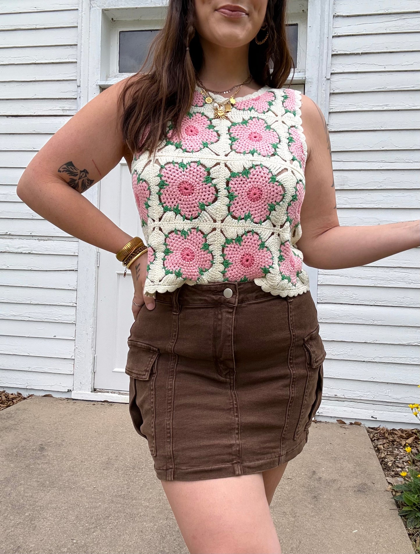 Stretchy Brown Denim Cargo Skirt