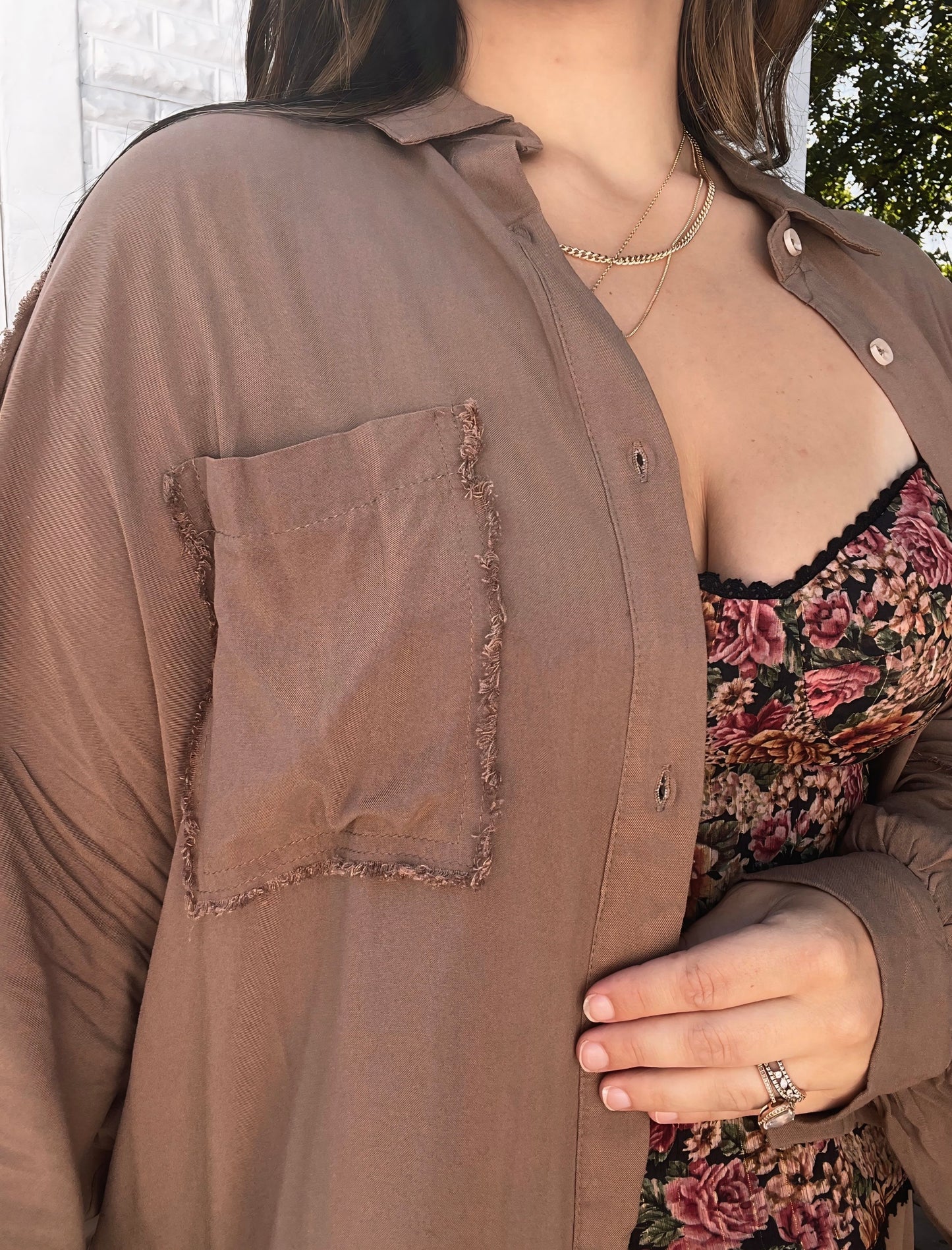 Mocha Frayed Edge Button Up