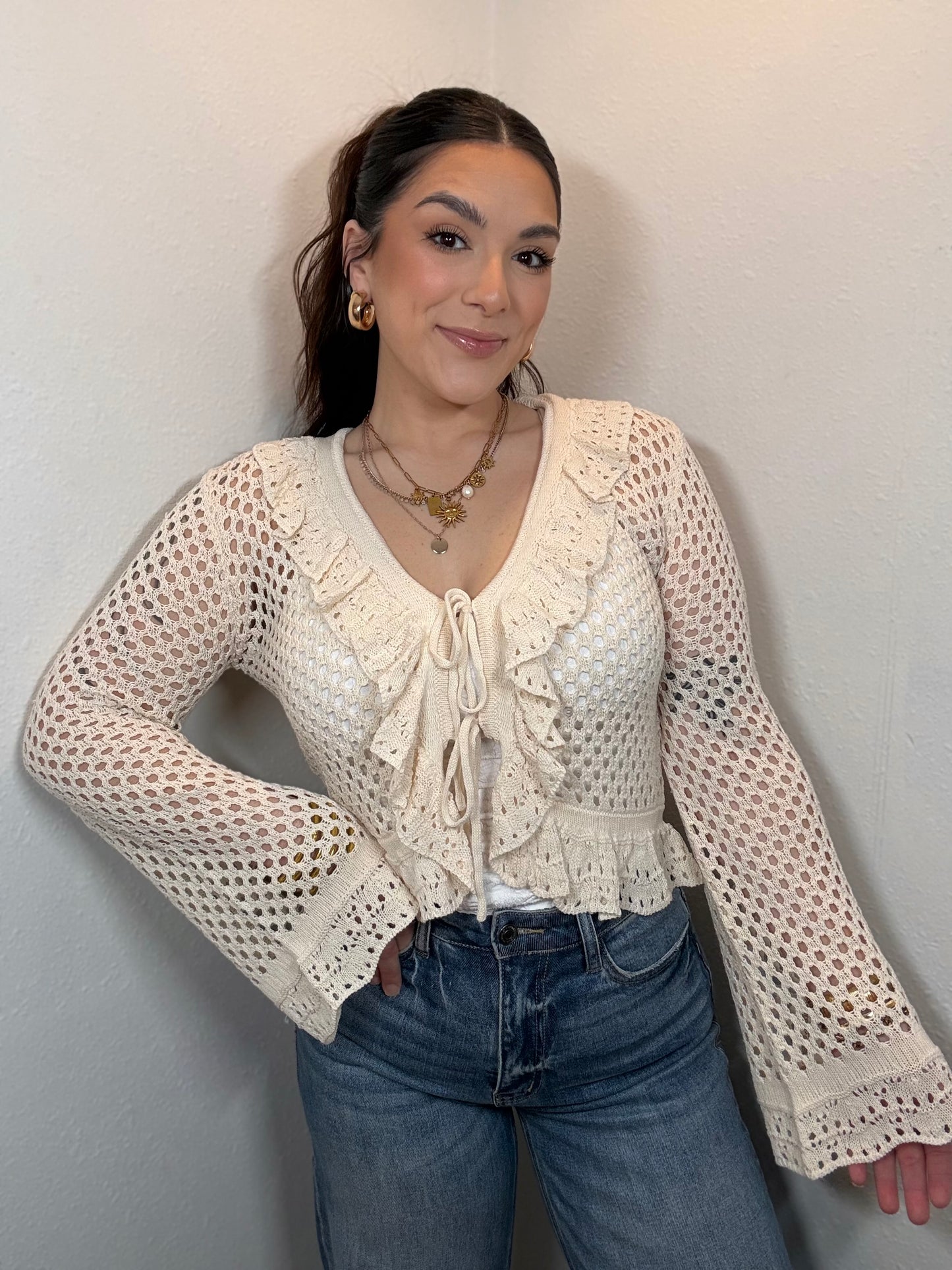 Everly Crochet Ruffle Tie Front Top