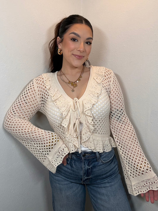 Everly Crochet Ruffle Tie Front Top