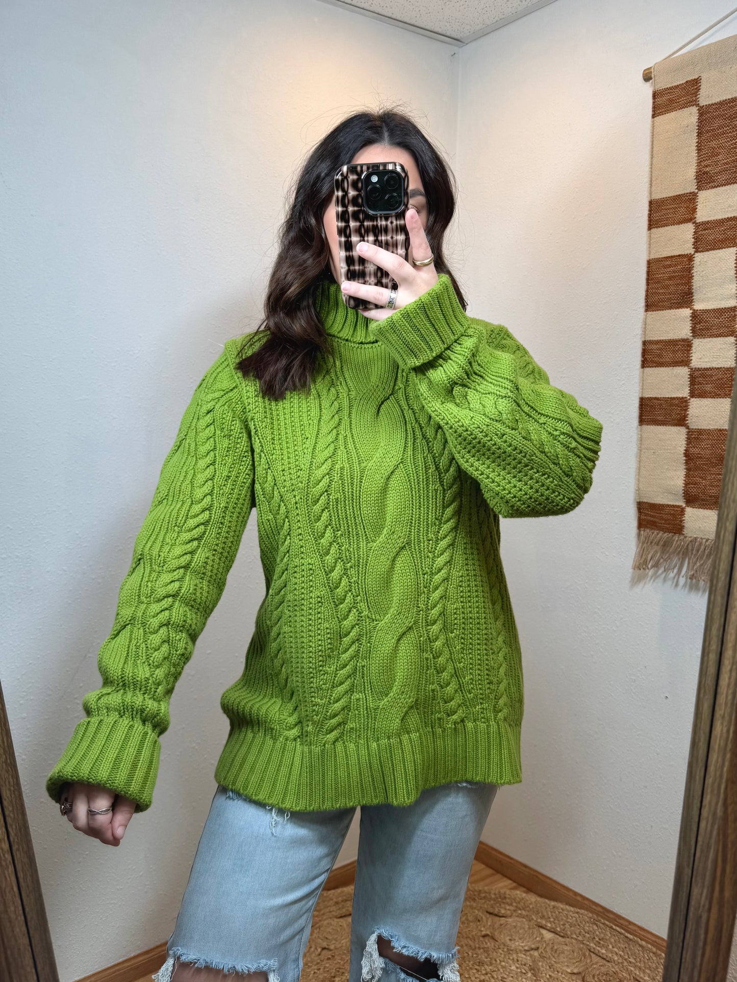 Grinchy Green Cableknit Turtleneck Sweater - XL