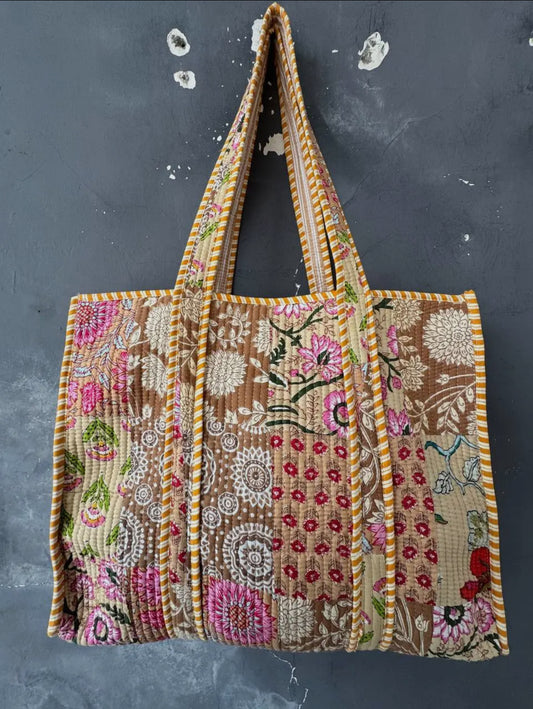 Beige Boho Floral Quilted Bag