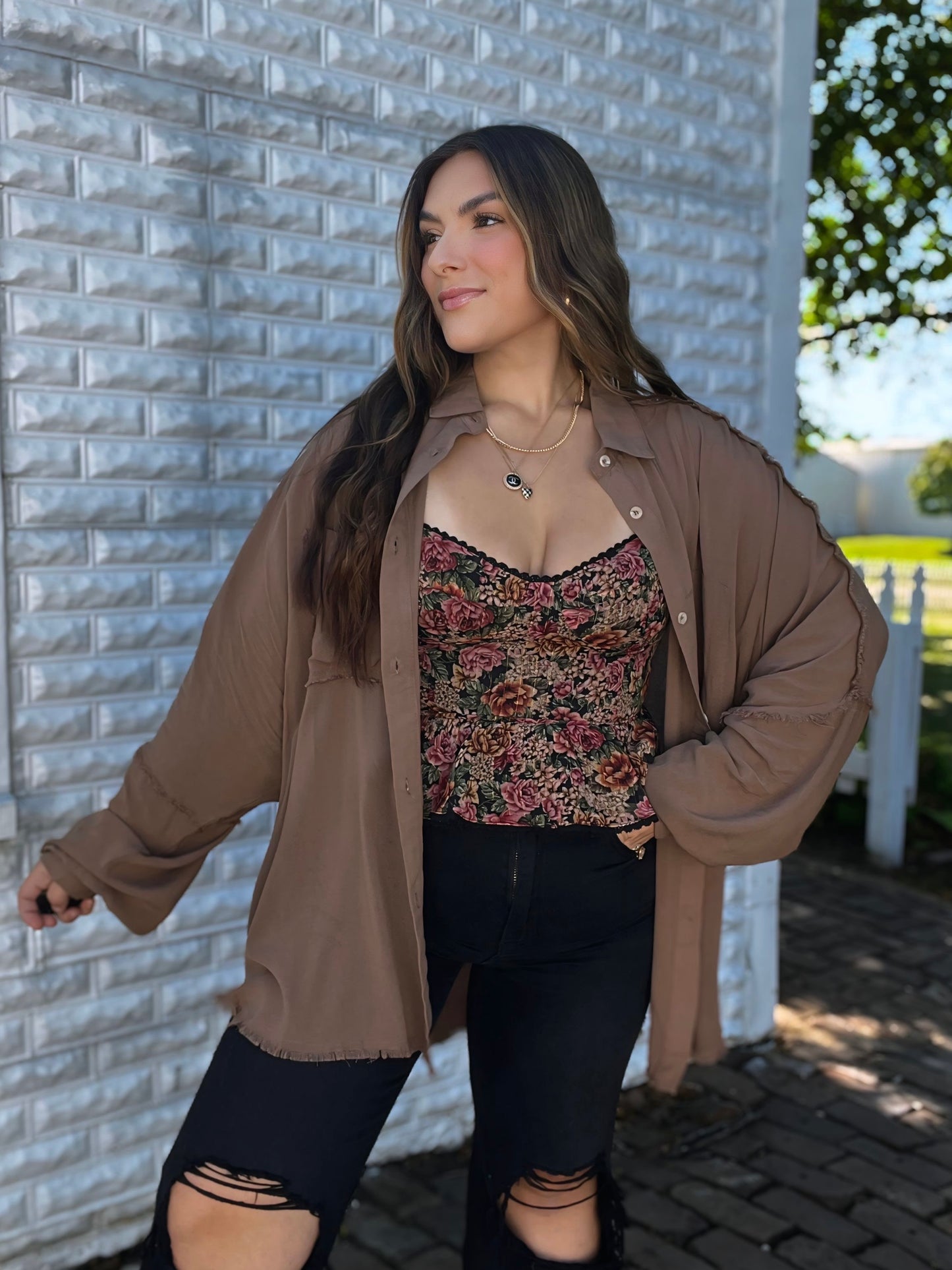 Mocha Frayed Edge Button Up