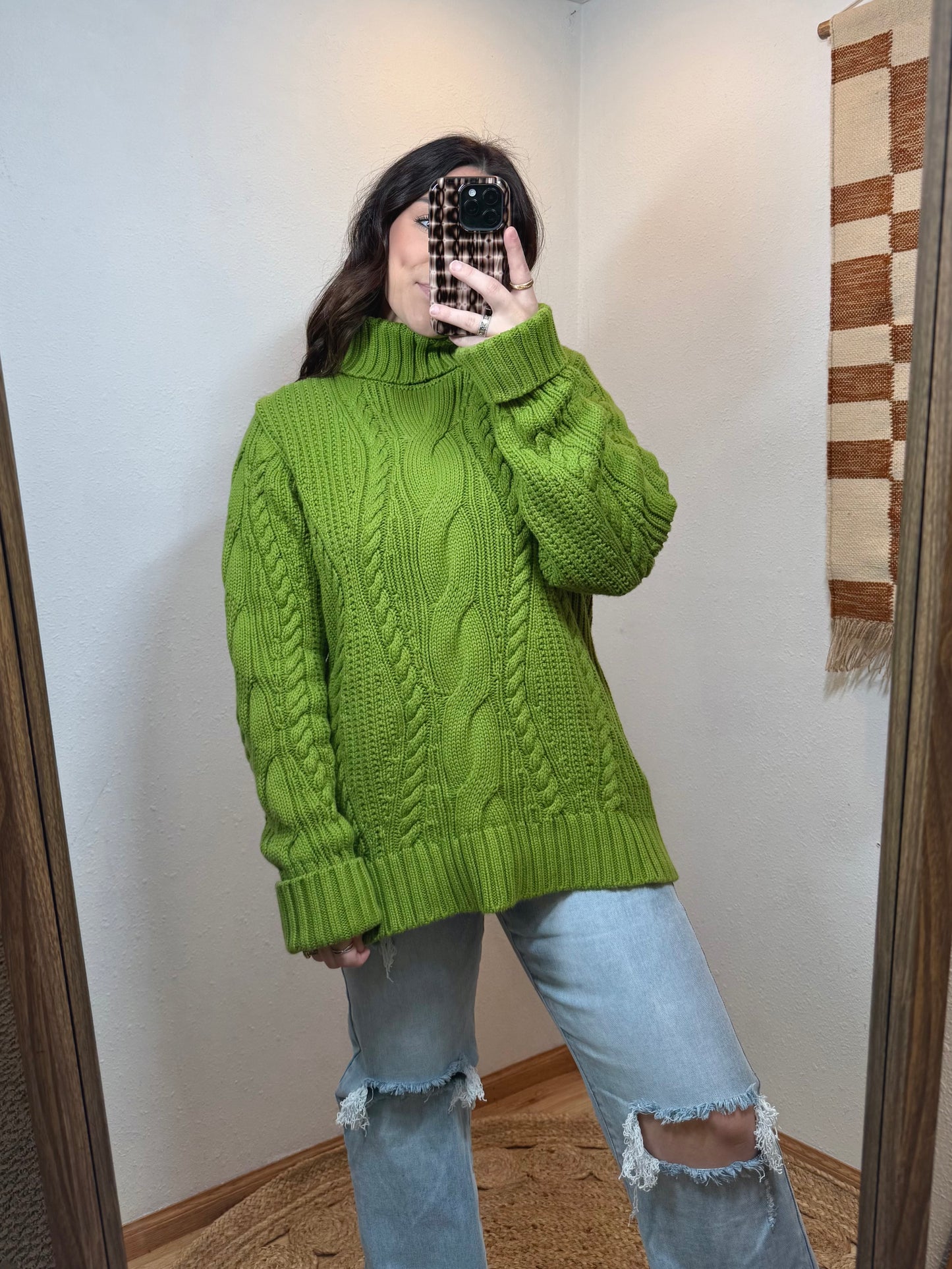 Grinchy Green Cableknit Turtleneck Sweater - XL