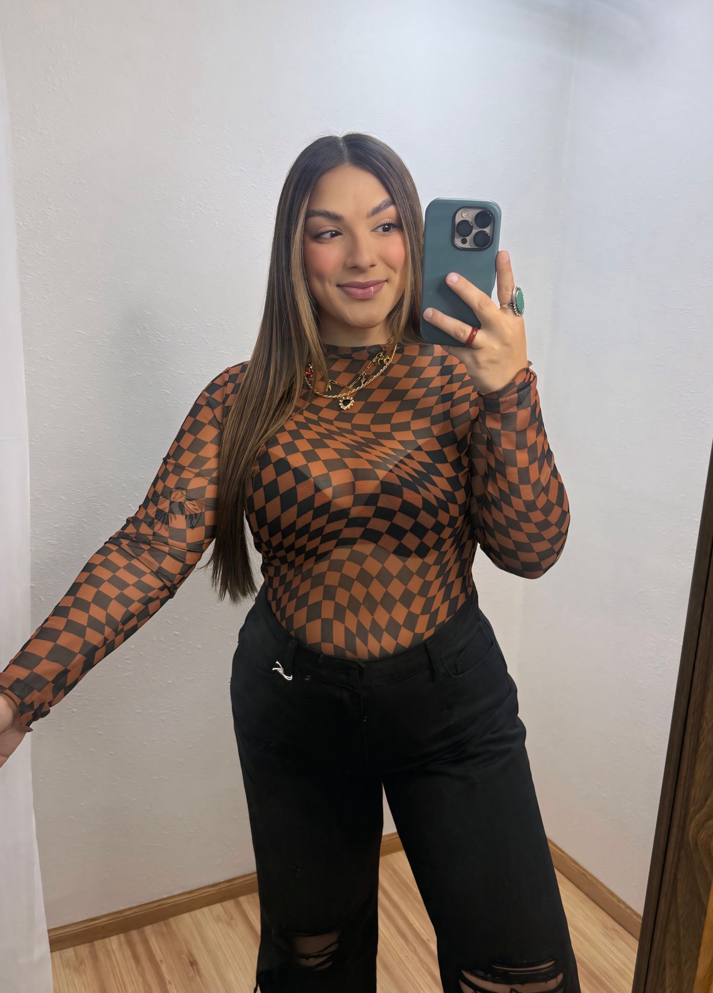 Caramel-Mocha Checkered Mesh Top: S-3X