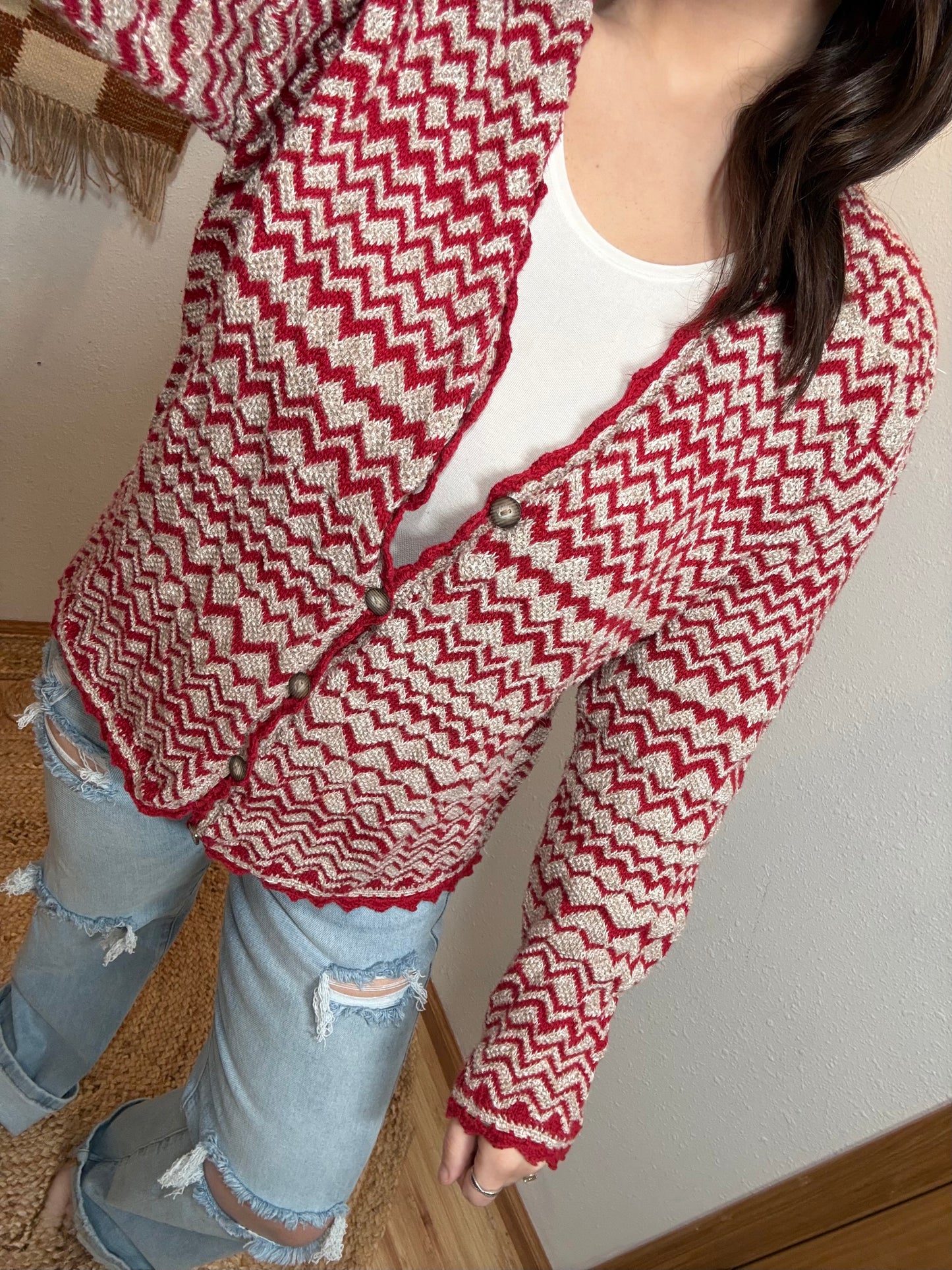 Vintage 90’s Red ZigZag Cardigan - Small
