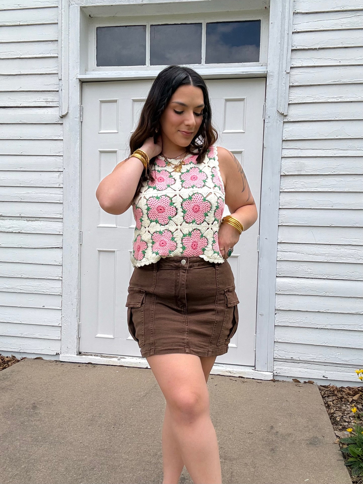 Stretchy Brown Denim Cargo Skirt