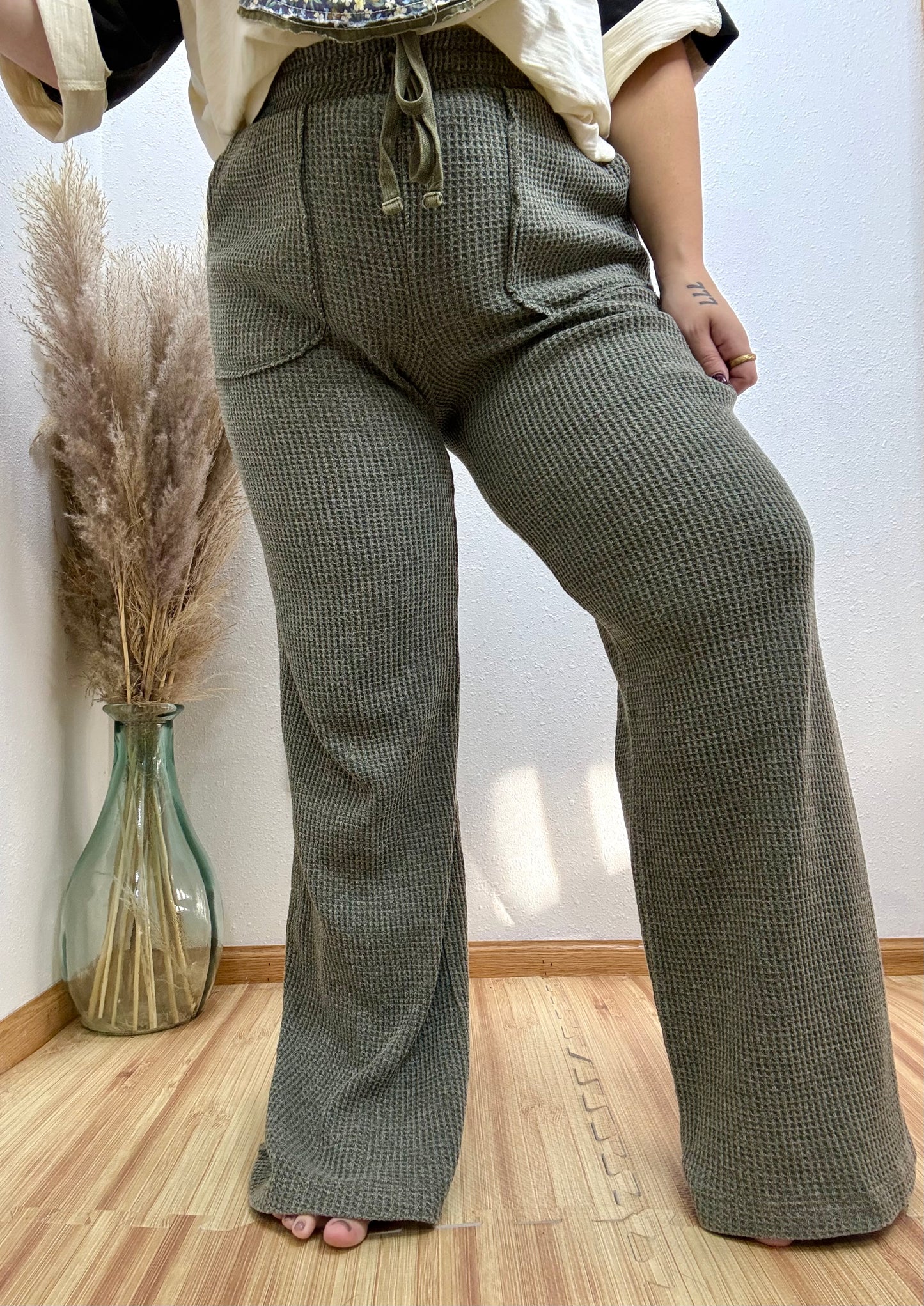 Olive Waffle-Knit Lounge Pants: S-3X