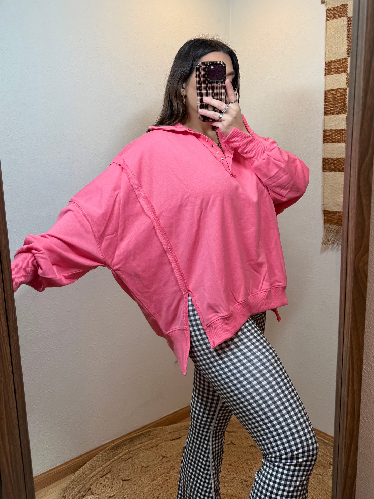 Flamingo Pink Henley Pullover