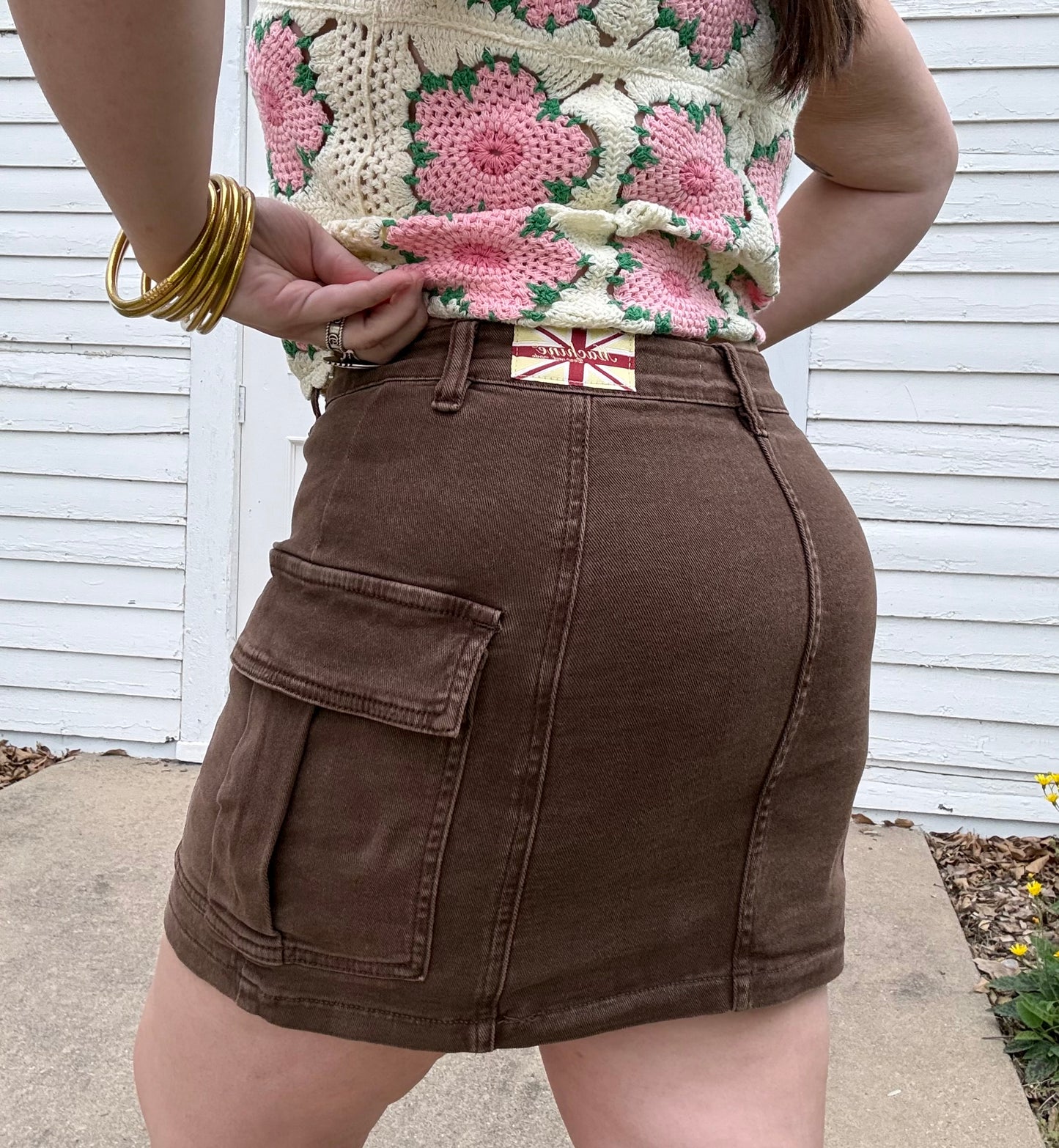 Stretchy Brown Denim Cargo Skirt