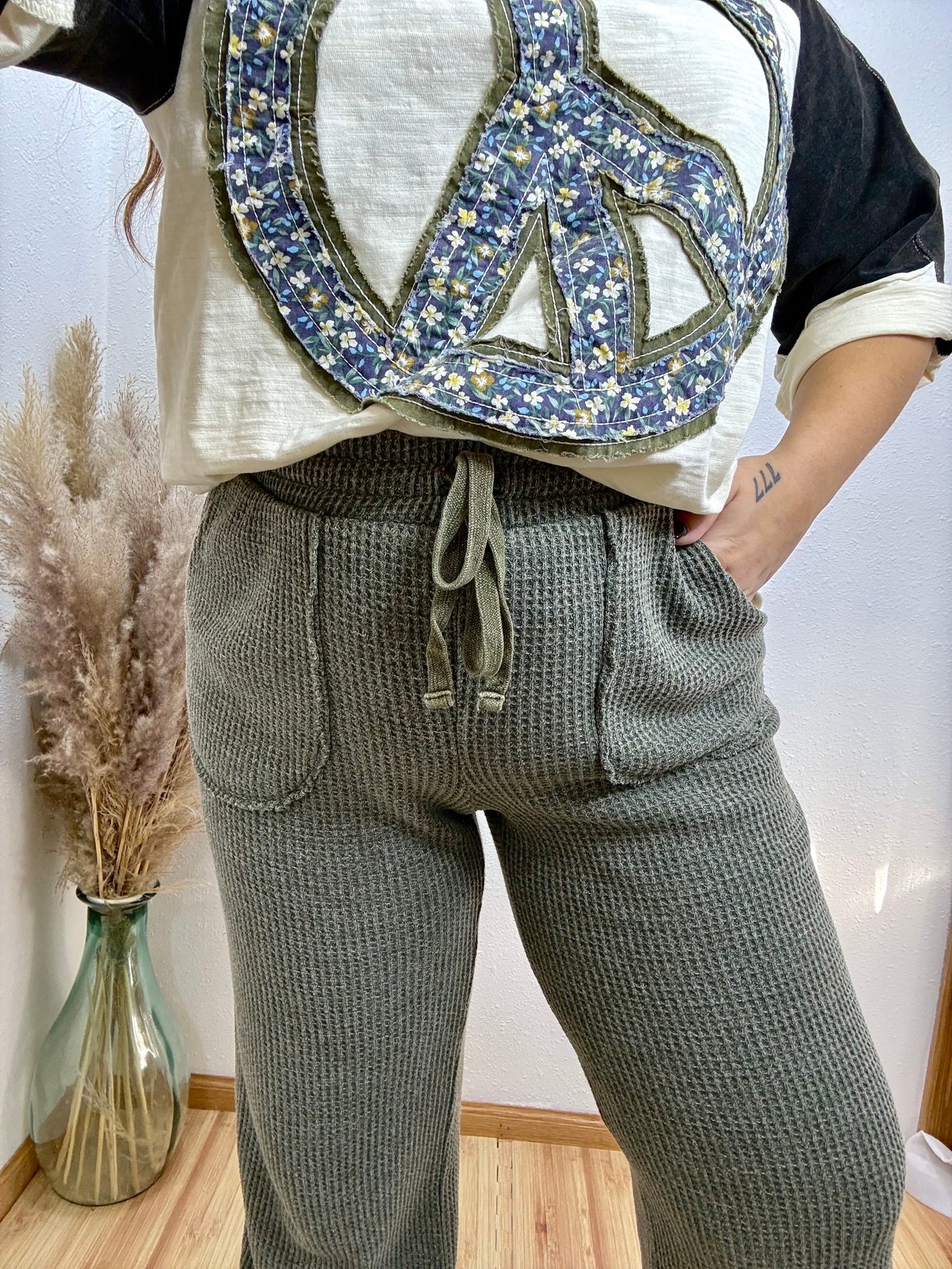 Olive Waffle-Knit Lounge Pants: S-3X