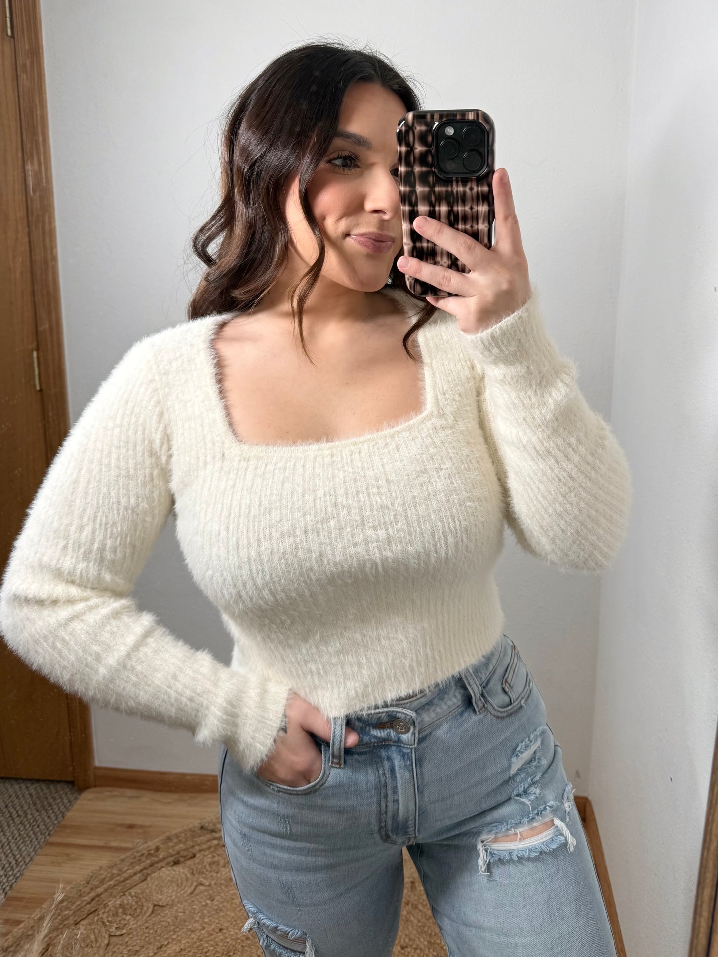 NEW White Fuzzy Eyelash Sweater (S)