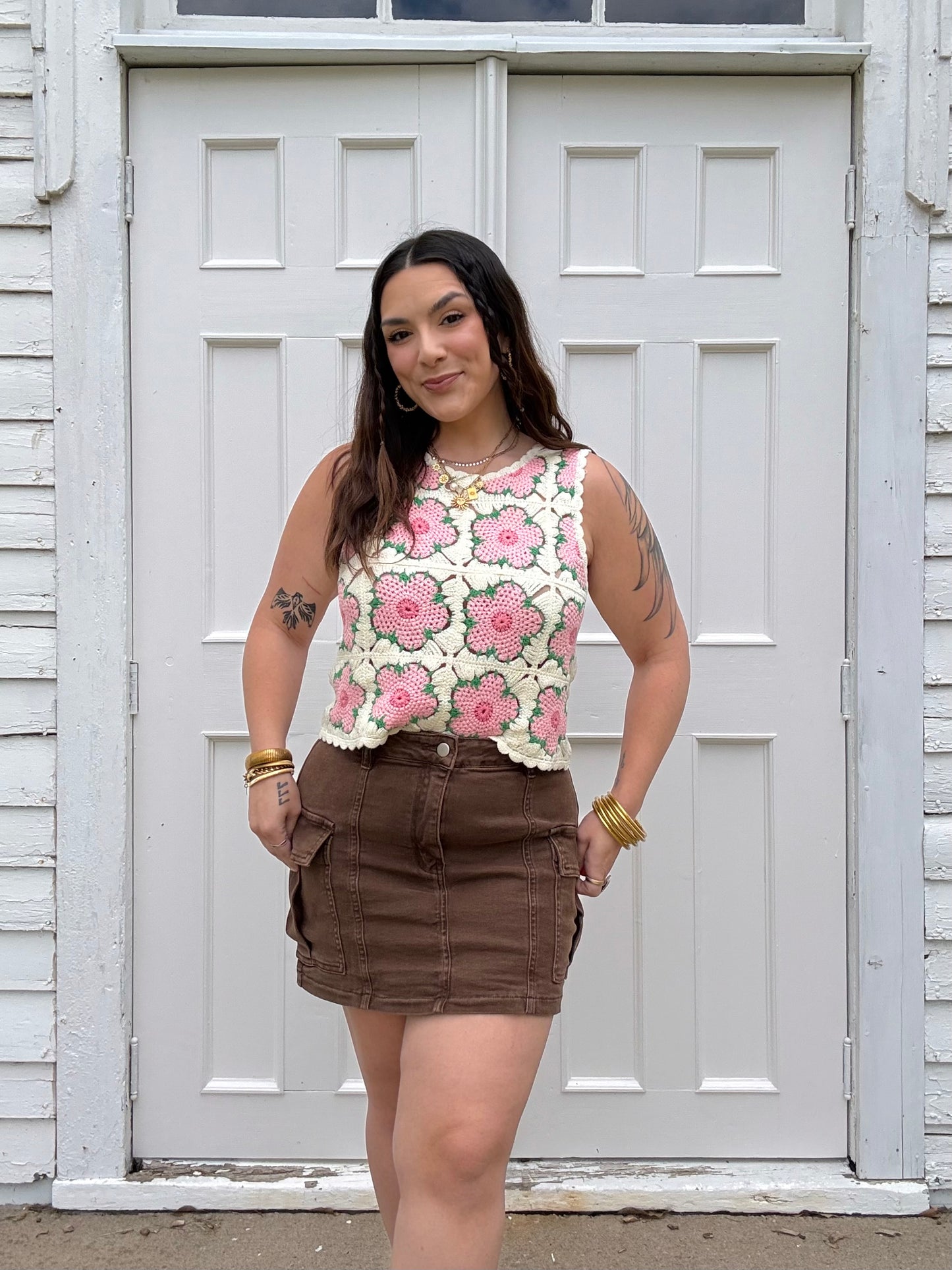 Stretchy Brown Denim Cargo Skirt
