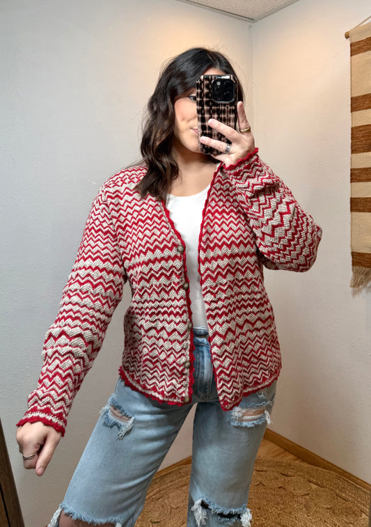 Vintage 90’s Red ZigZag Cardigan - Small