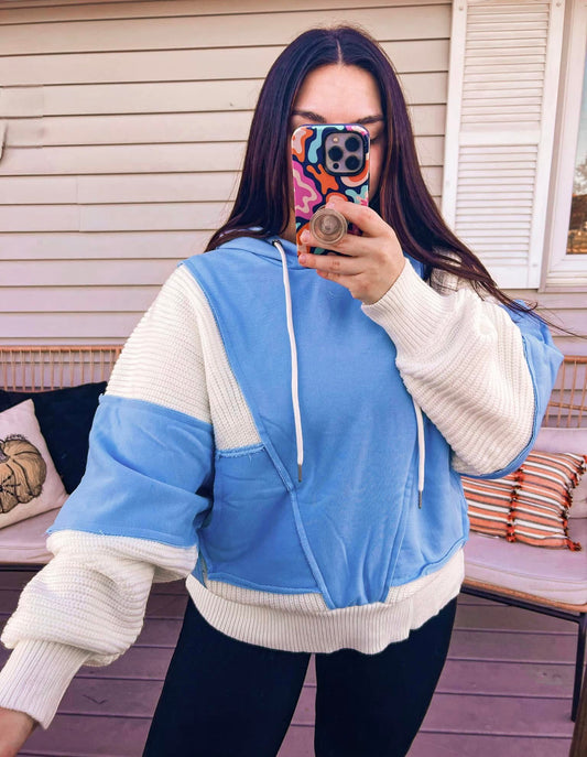 Blue Knit Colorblock Hoodie - S/M