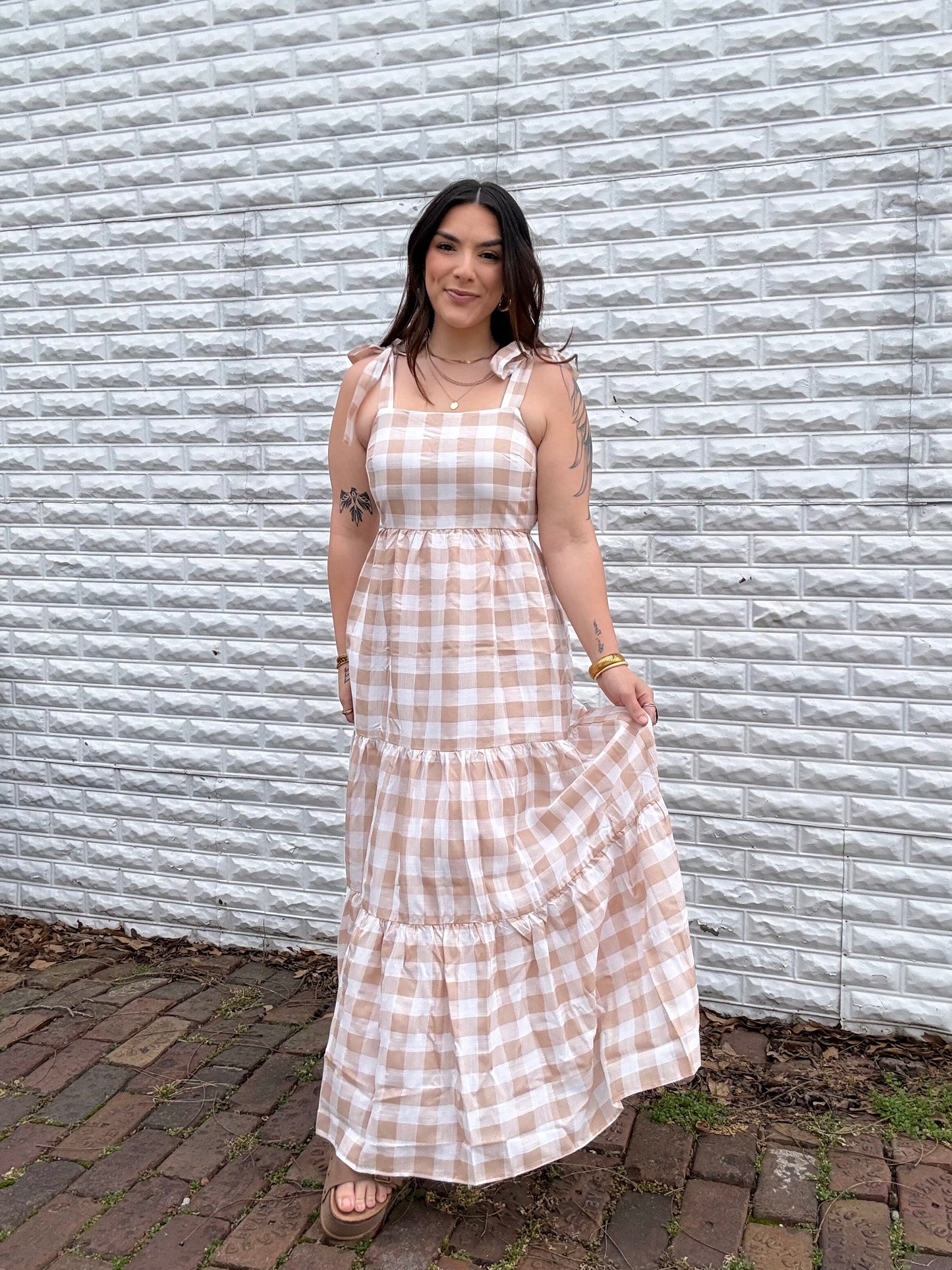 Beige Gingham Maxi Dress