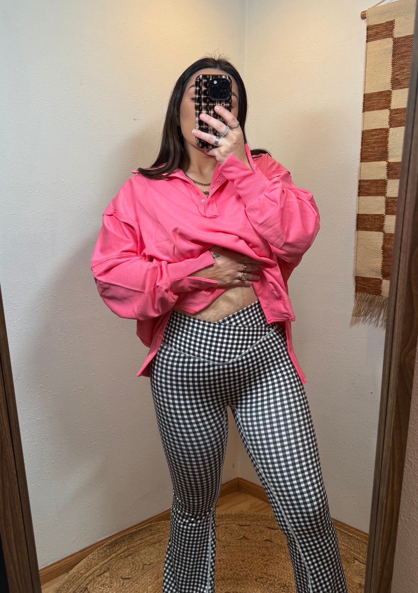 Gingham Crossover Flare Leggings : Black