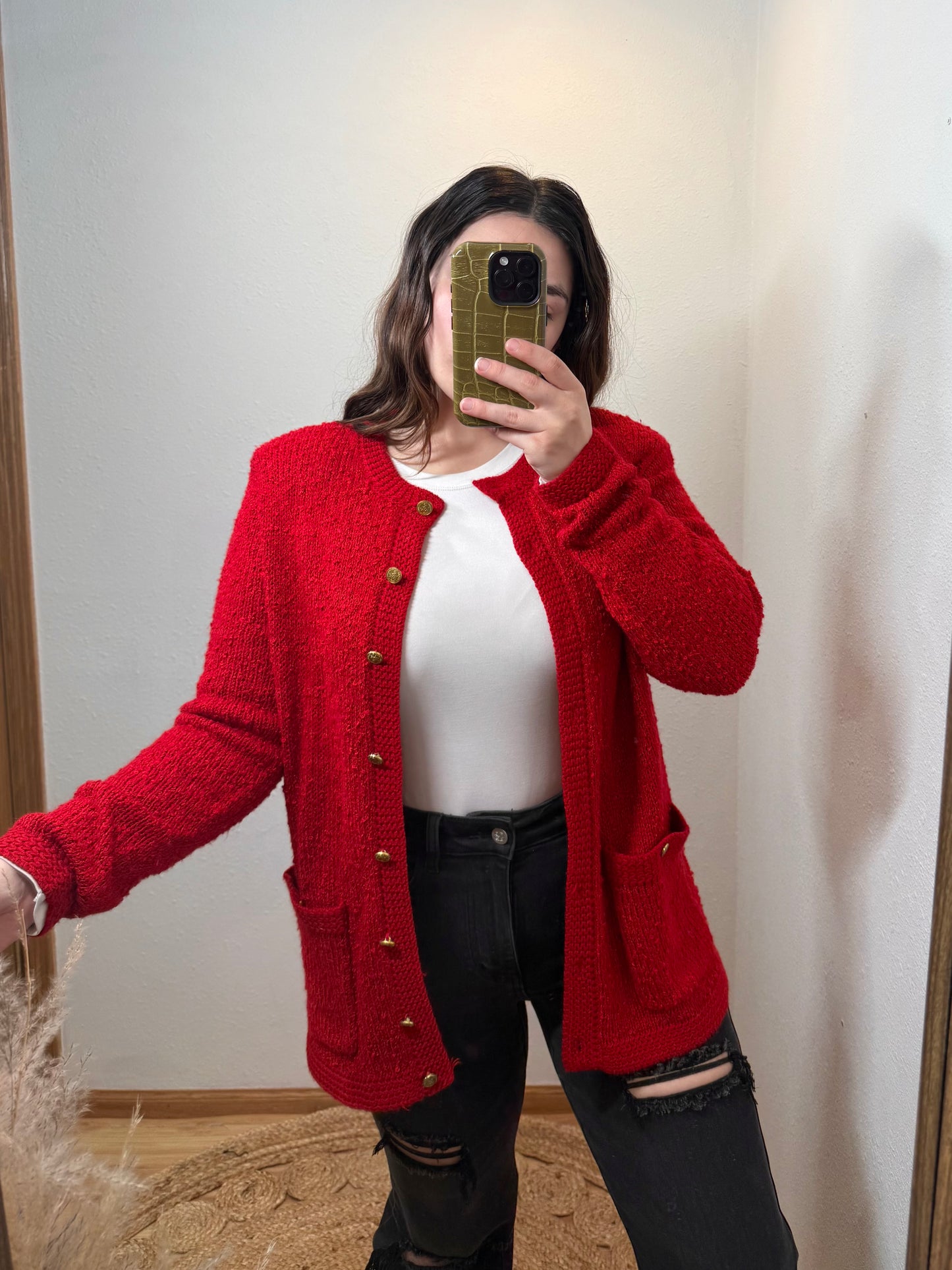 Gold Button Vintage Red Knit Cardigan (Medium)