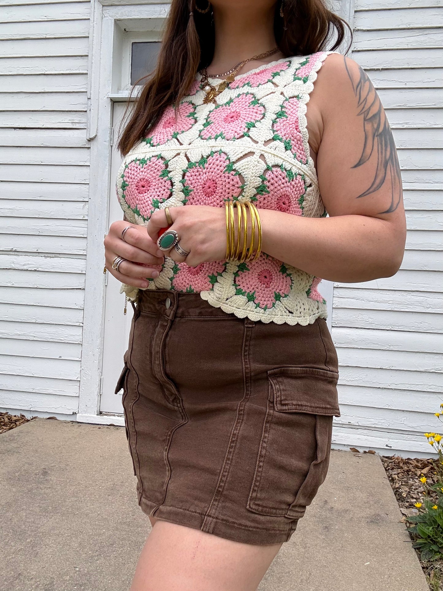 Stretchy Brown Denim Cargo Skirt