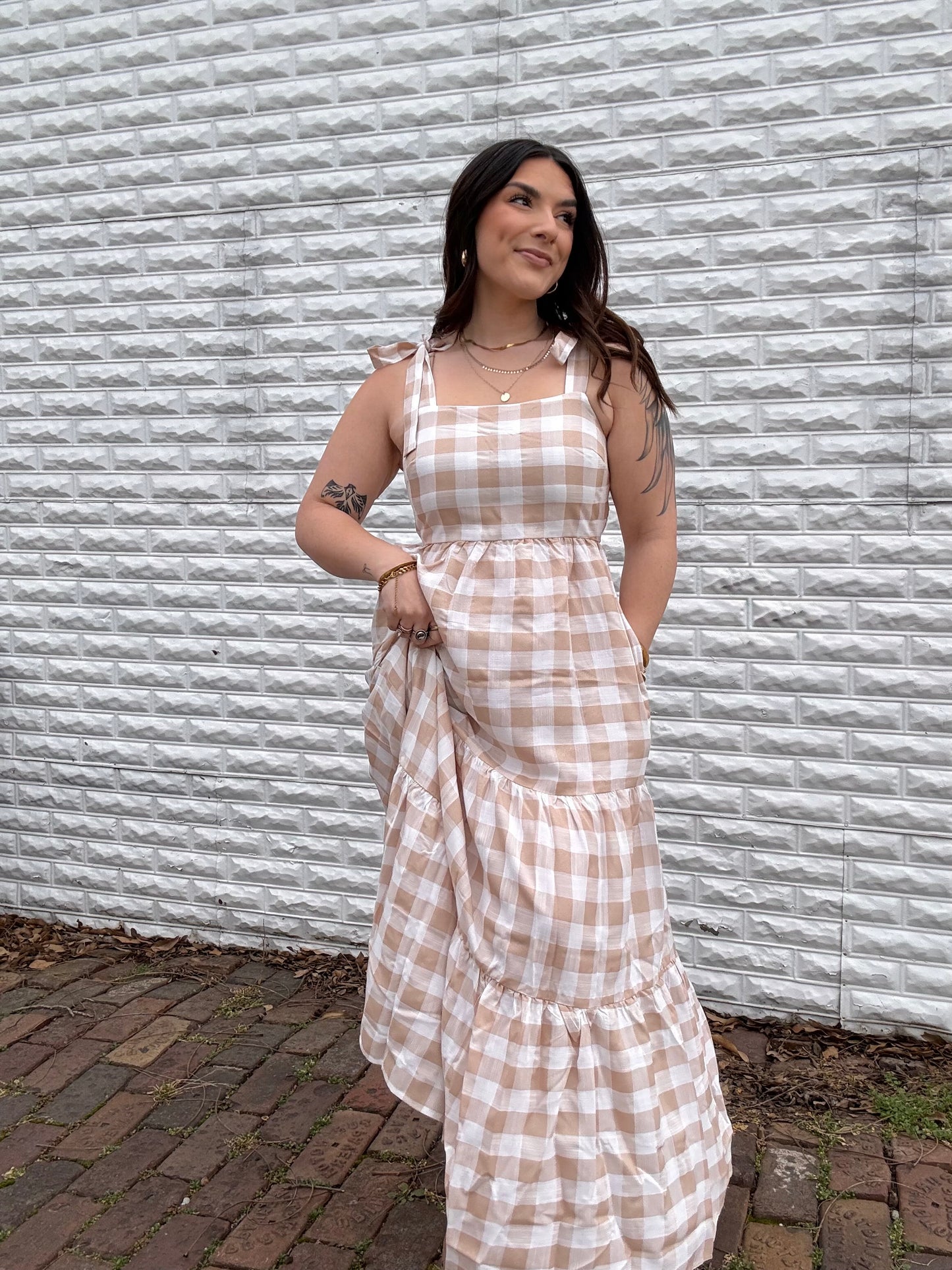 Beige Gingham Maxi Dress