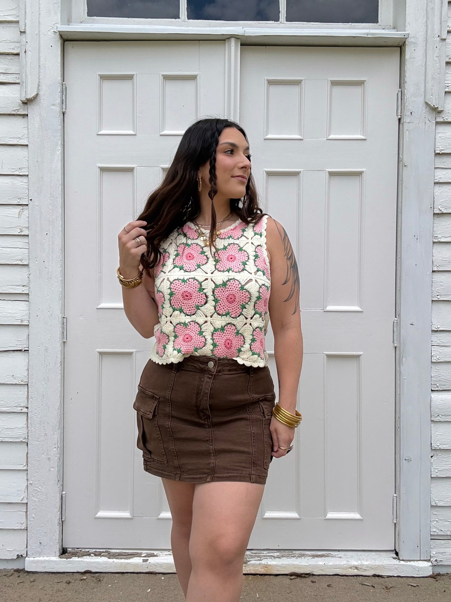 Stretchy Brown Denim Cargo Skirt