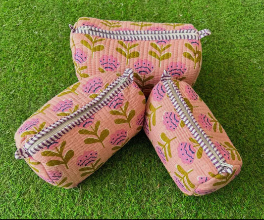 3pc Pink Flowers Quilted Cosmetic Bags